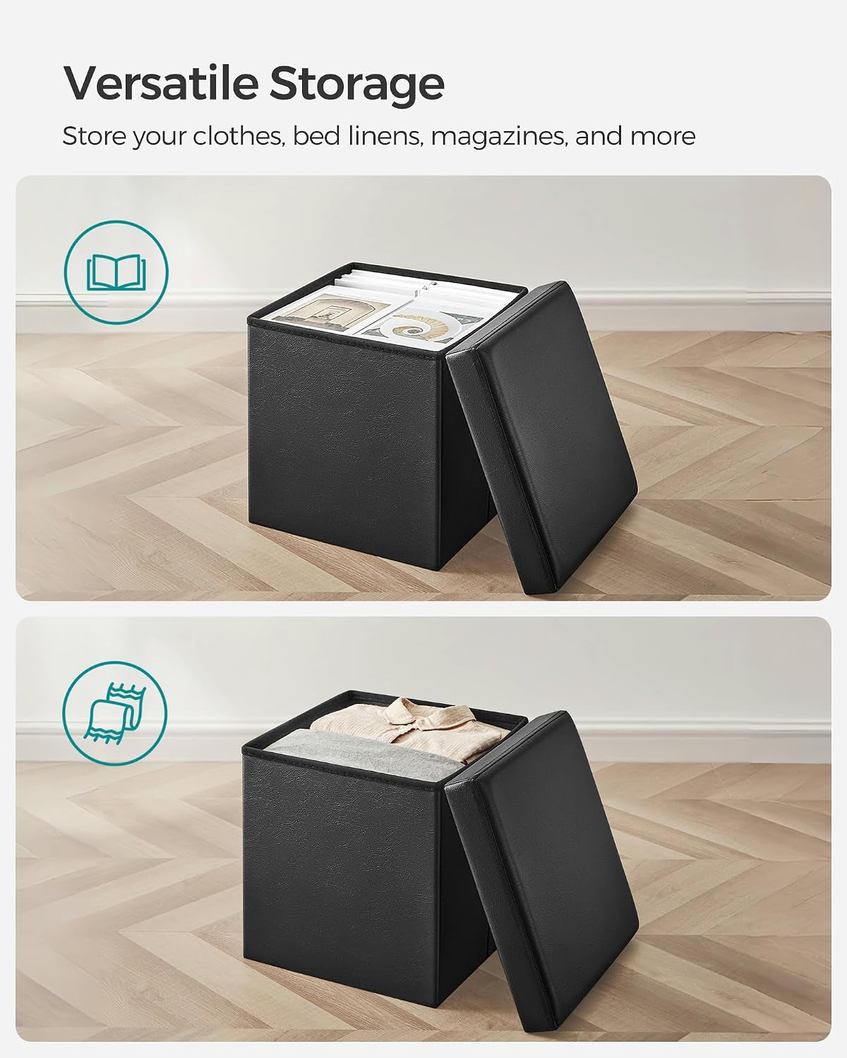 Open black ottoman with lid removed showing interior storage filled with books and folded linens
