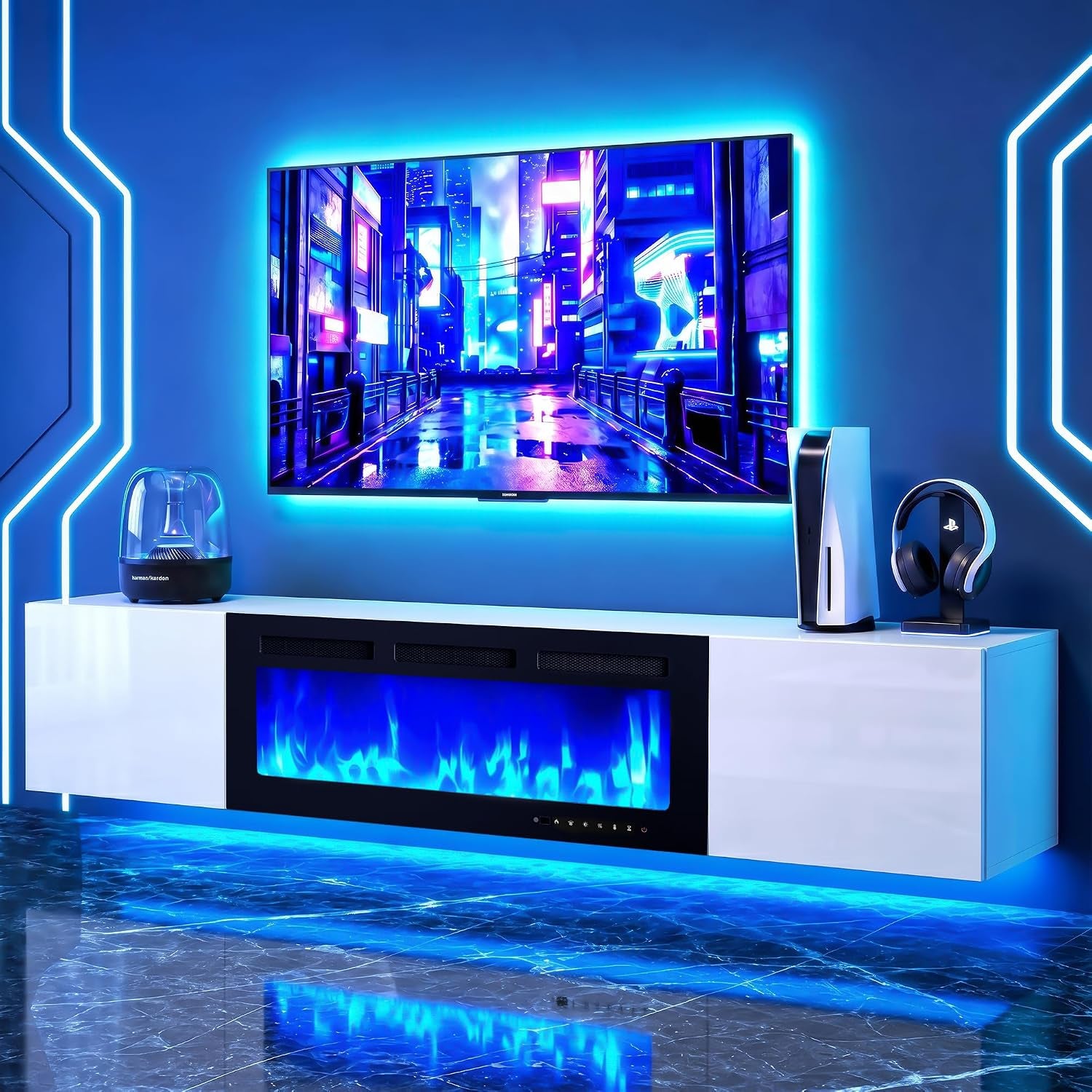 White floating TV stand with central blue-lit electric fireplace, LED underlighting and wall-mounted TV above