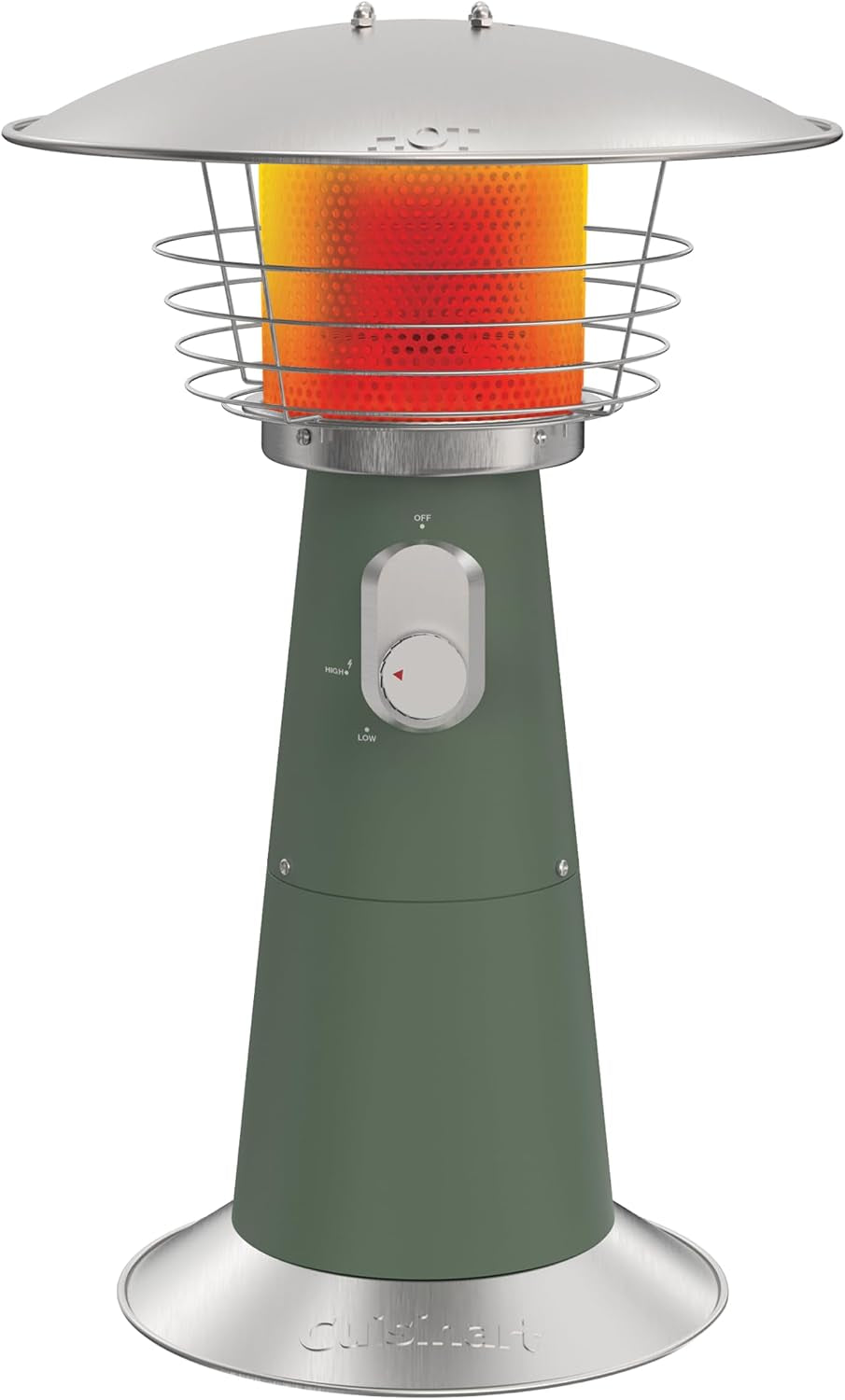 Front view of a tabletop propane patio heater with a green tapered base, silver top, protective wire guard, and glowing