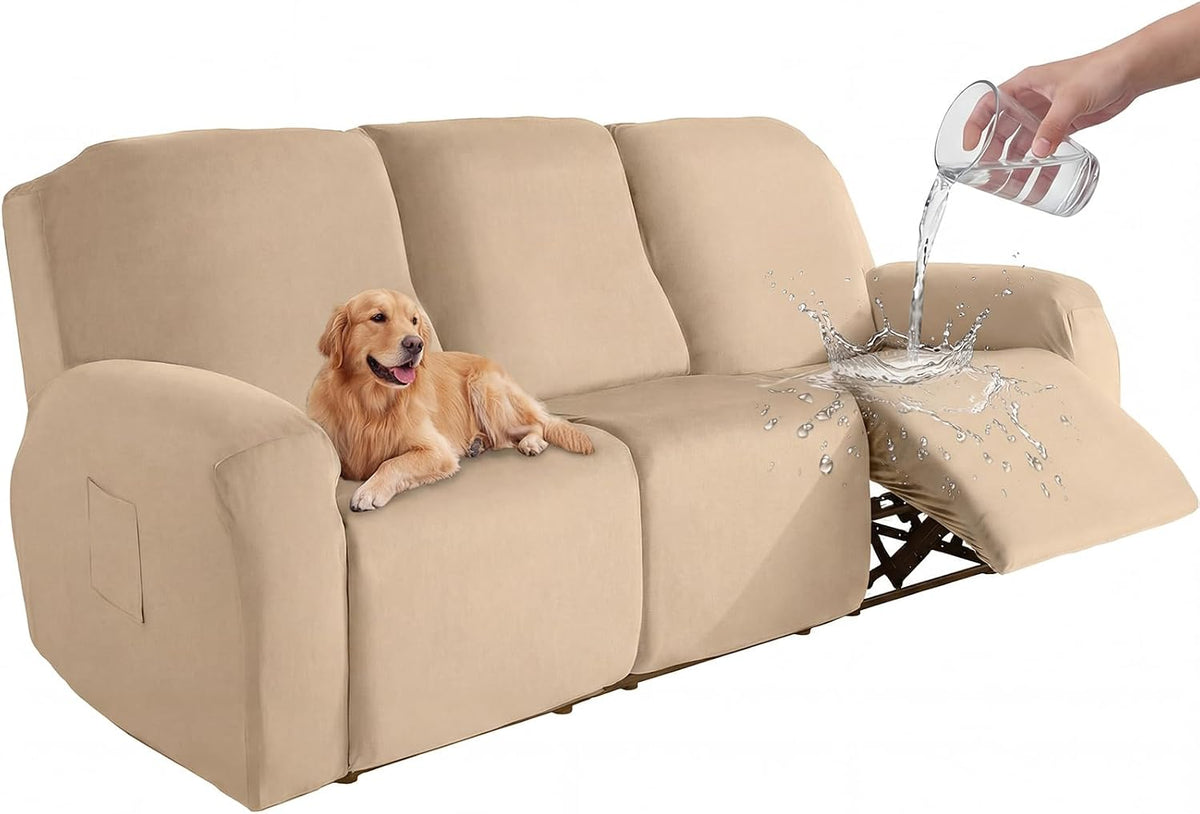 Beige three-seat recliner cover with a golden retriever and water splash on the footrest.