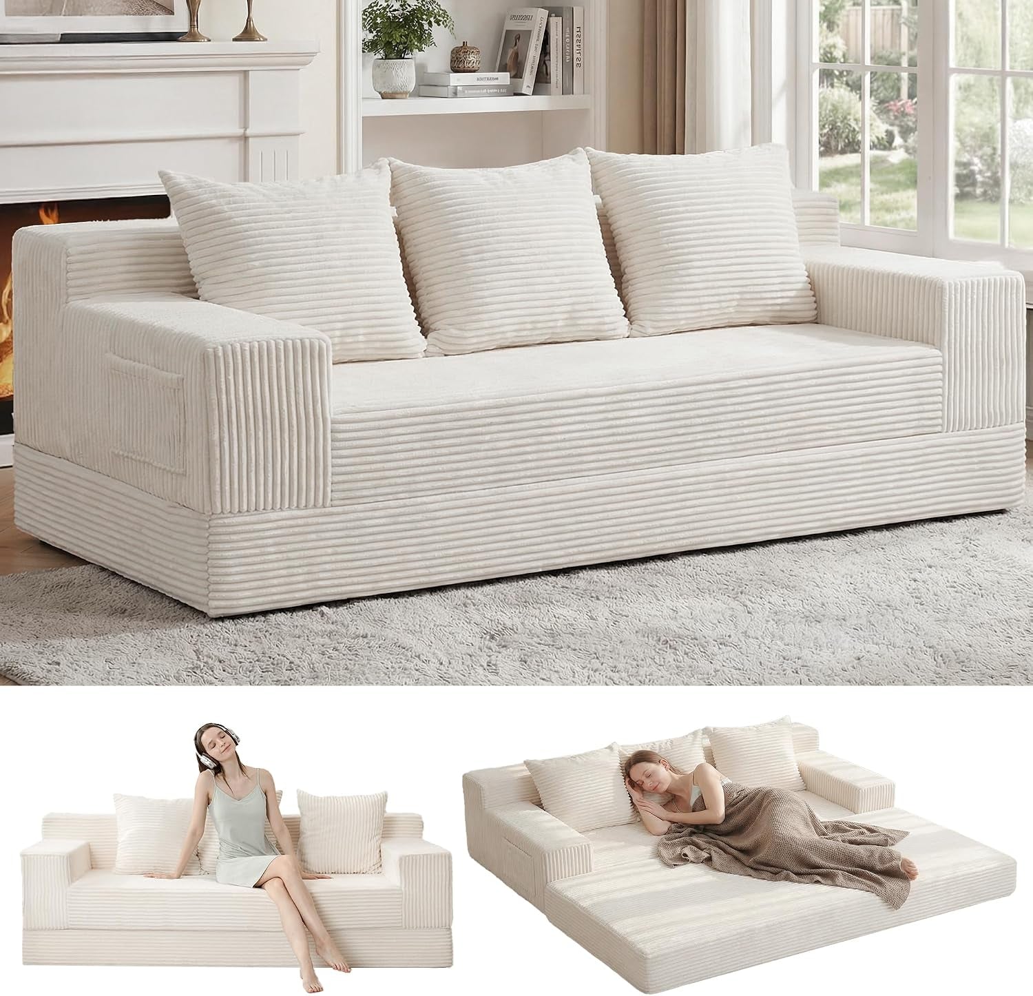 Light beige corduroy sofa in bright room with three square back cushions, shown folded and flat