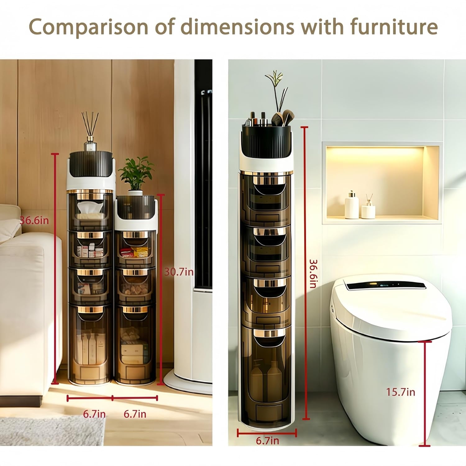 Two narrow stacked cabinets shown beside a sofa and a toilet with on-image dimension markings and floor placement