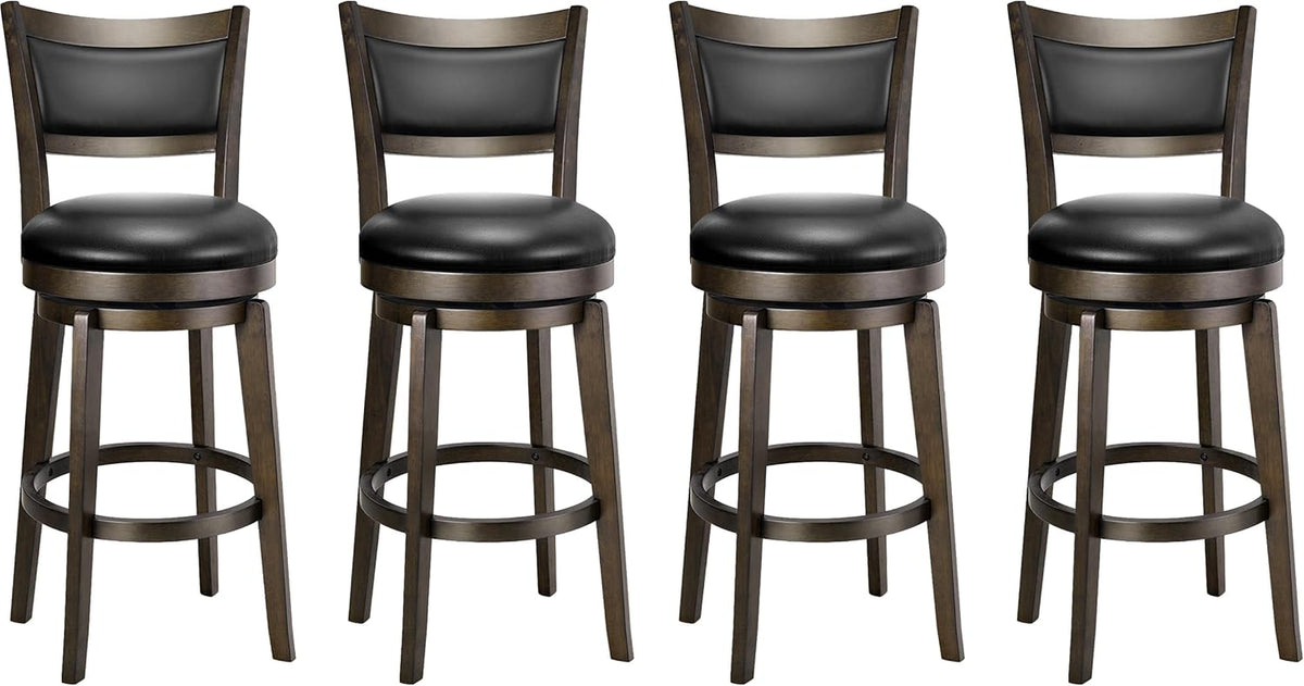 Four identical swivel bar stools in a row, black upholstered seats and curved wood backs on white background.
