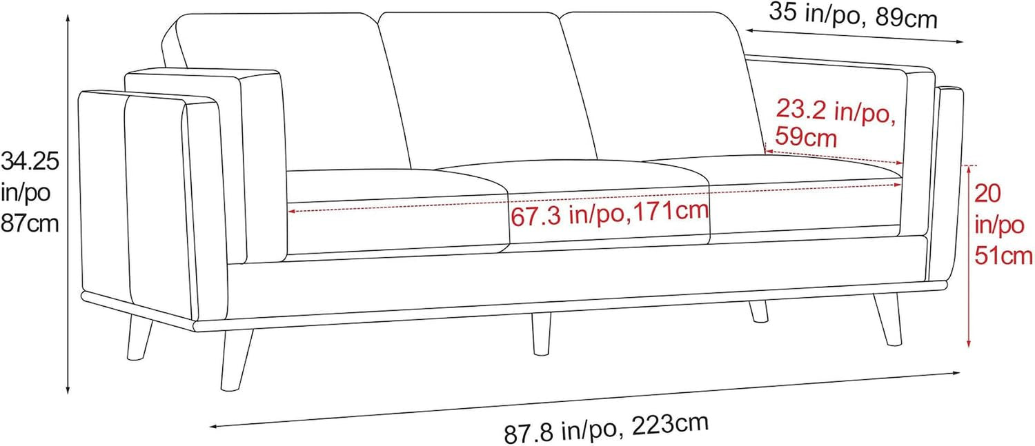 Black-and-white line drawing of the three-seat sofa with arrows and measurements indicating overall width, depth and seat