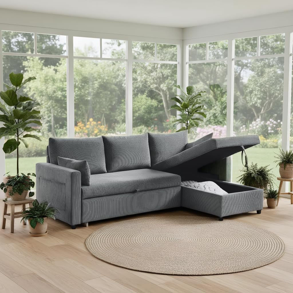 Dark gray corduroy L-shaped sectional with chaise storage open in bright sunroom setting
