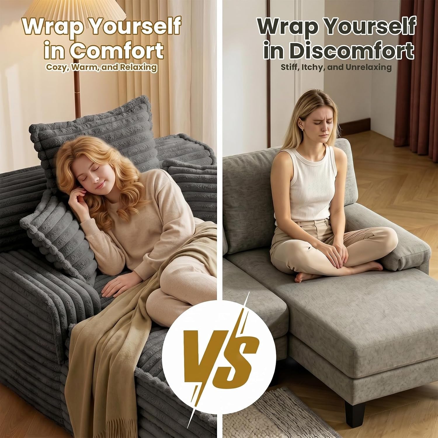 Side-by-side comparison graphic highlighting the grey boneless chaise lounge versus a traditional sofa chaise