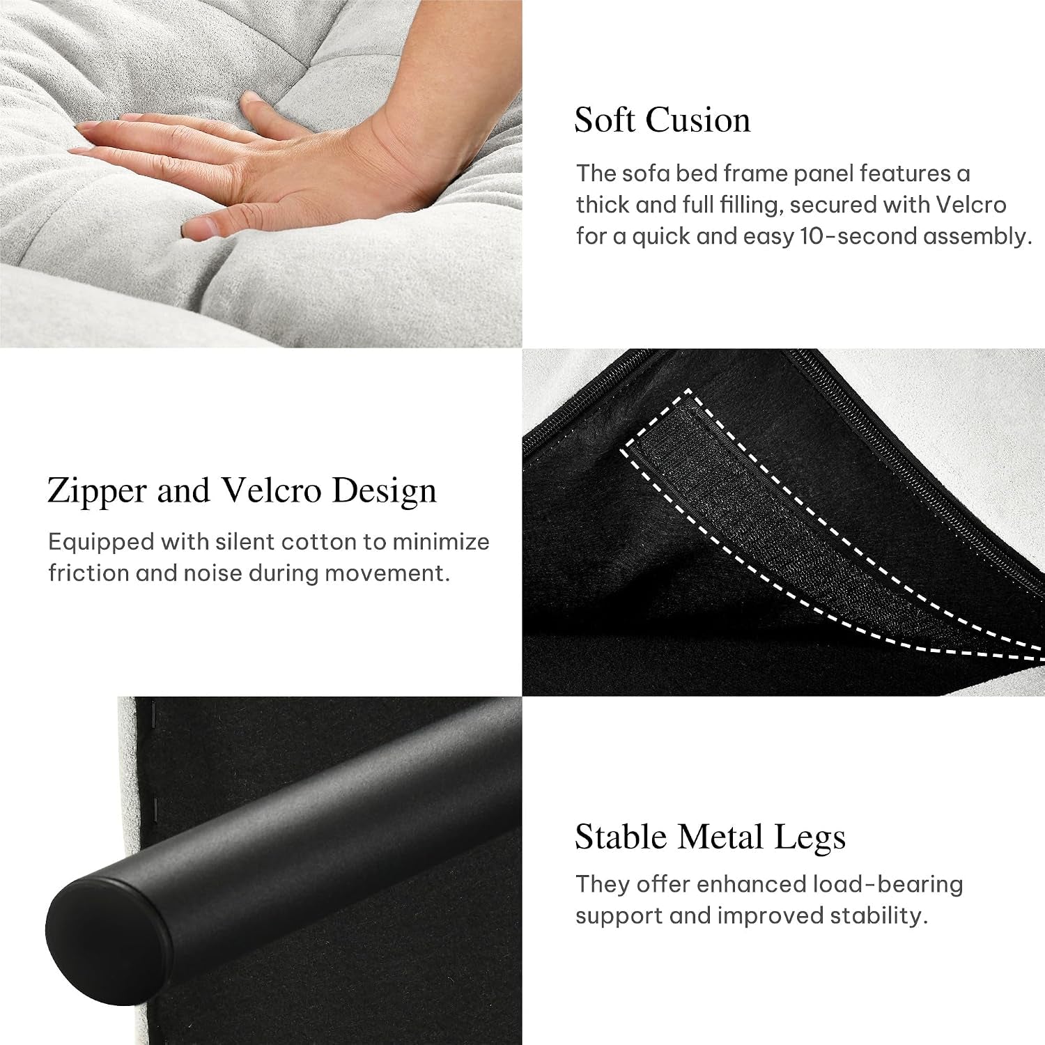 Four close detail shots: hand pressing cushion, zipper with Velcro, and a black metal leg end