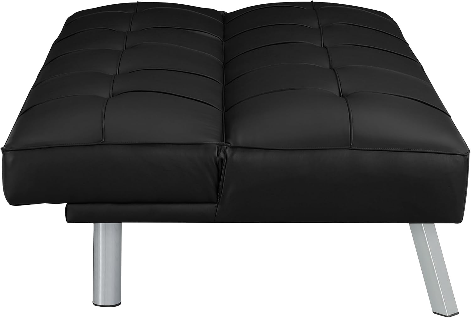 Front-facing view of the futon in flat position highlighting tufted top and chrome legs