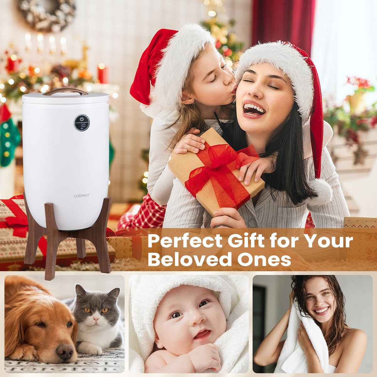 White towel warmer on its stand beside a festive scene with people, pets, and a baby.