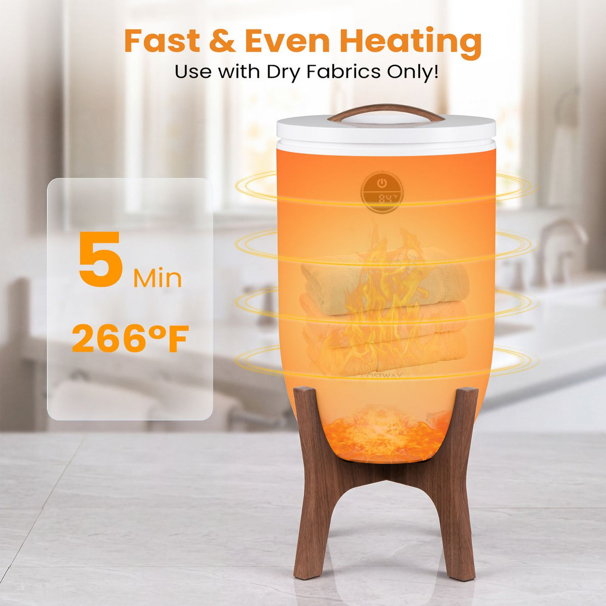 White towel warmer glowing orange on a dark wooden stand in a bright bathroom.