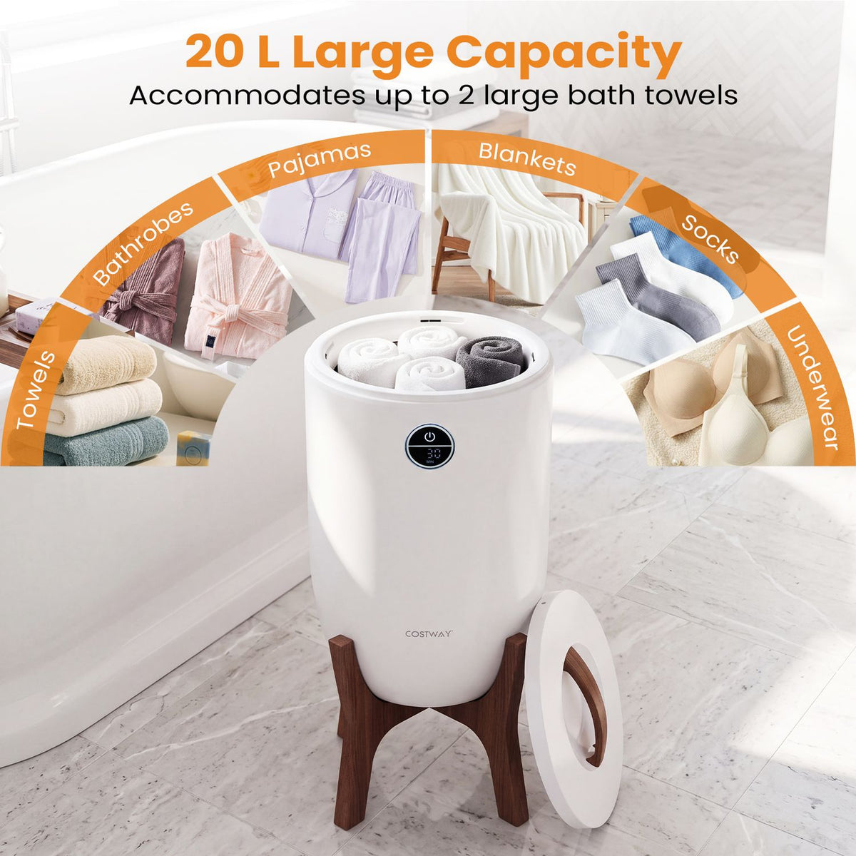 Open white towel warmer filled with rolled towels, with its lid leaning beside the wooden stand.