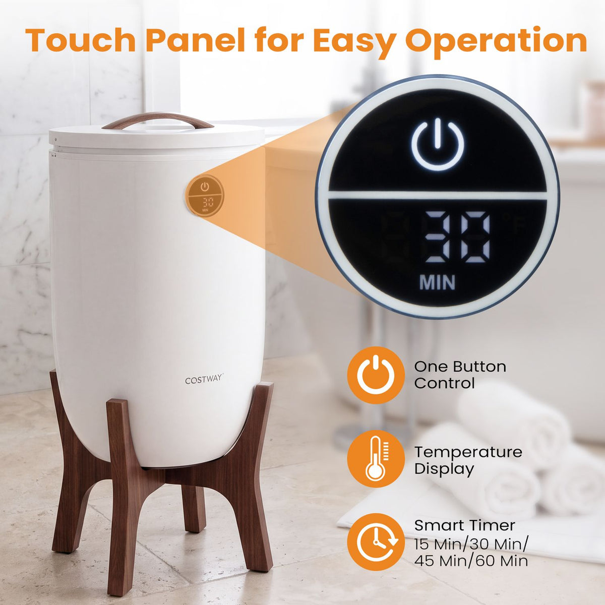 White towel warmer on a wooden stand beside a magnified view of its illuminated touch panel.