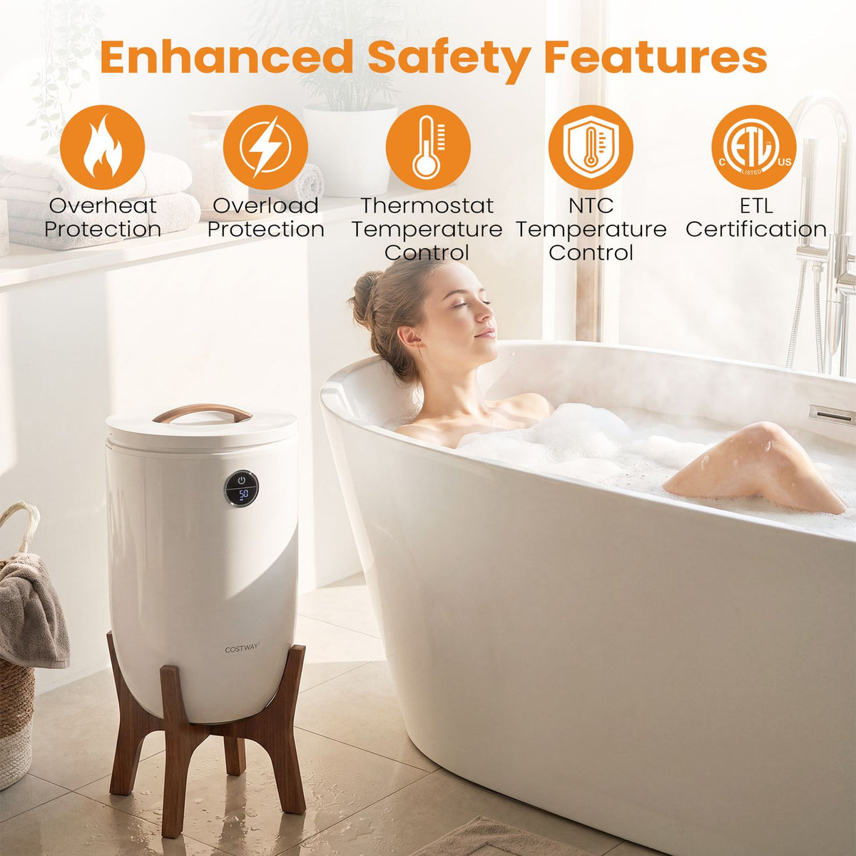 White towel warmer on a wooden stand beside a bathtub with a woman relaxing in the bath.