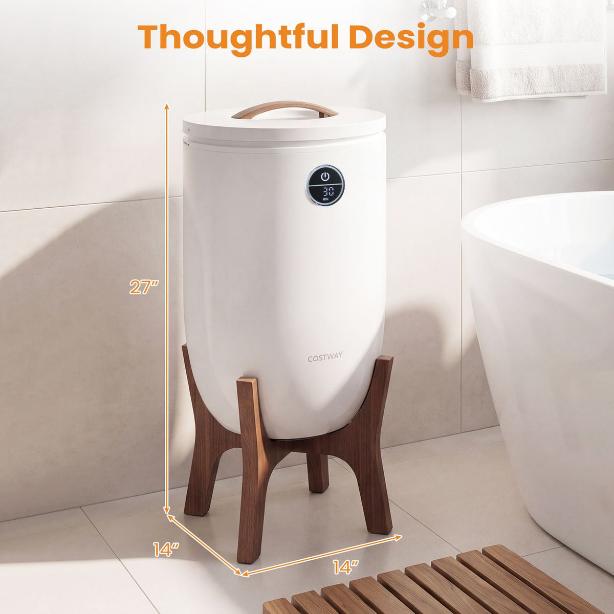 White towel warmer on a wooden stand shown with measurement arrows in a bathroom.