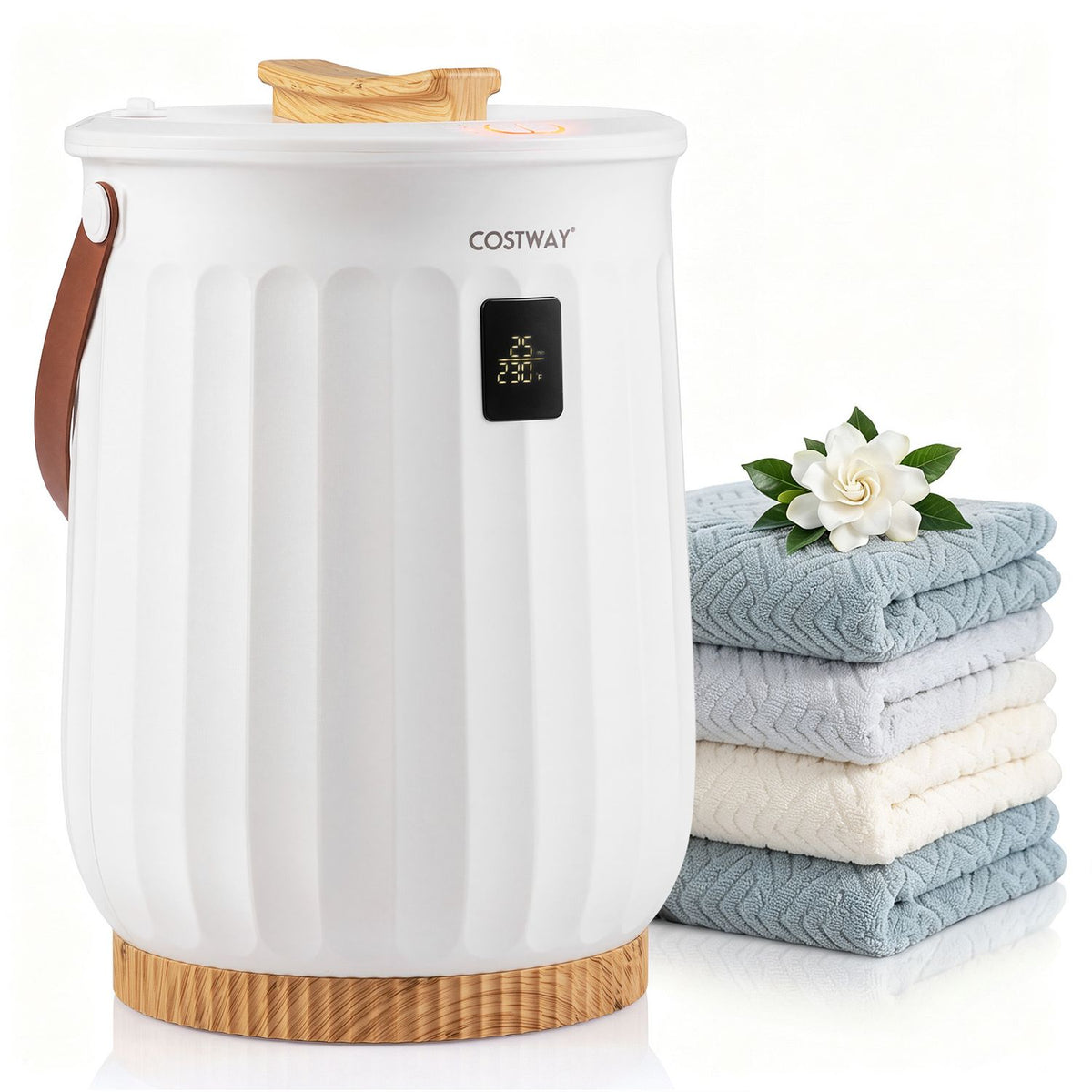 White ribbed towel warmer with a wood-look lid handle and base, shown beside a stack of folded towels.