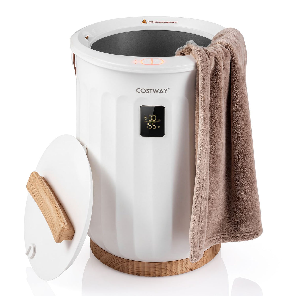 Open towel warmer with its lid set aside and a brown towel draped over the rim.