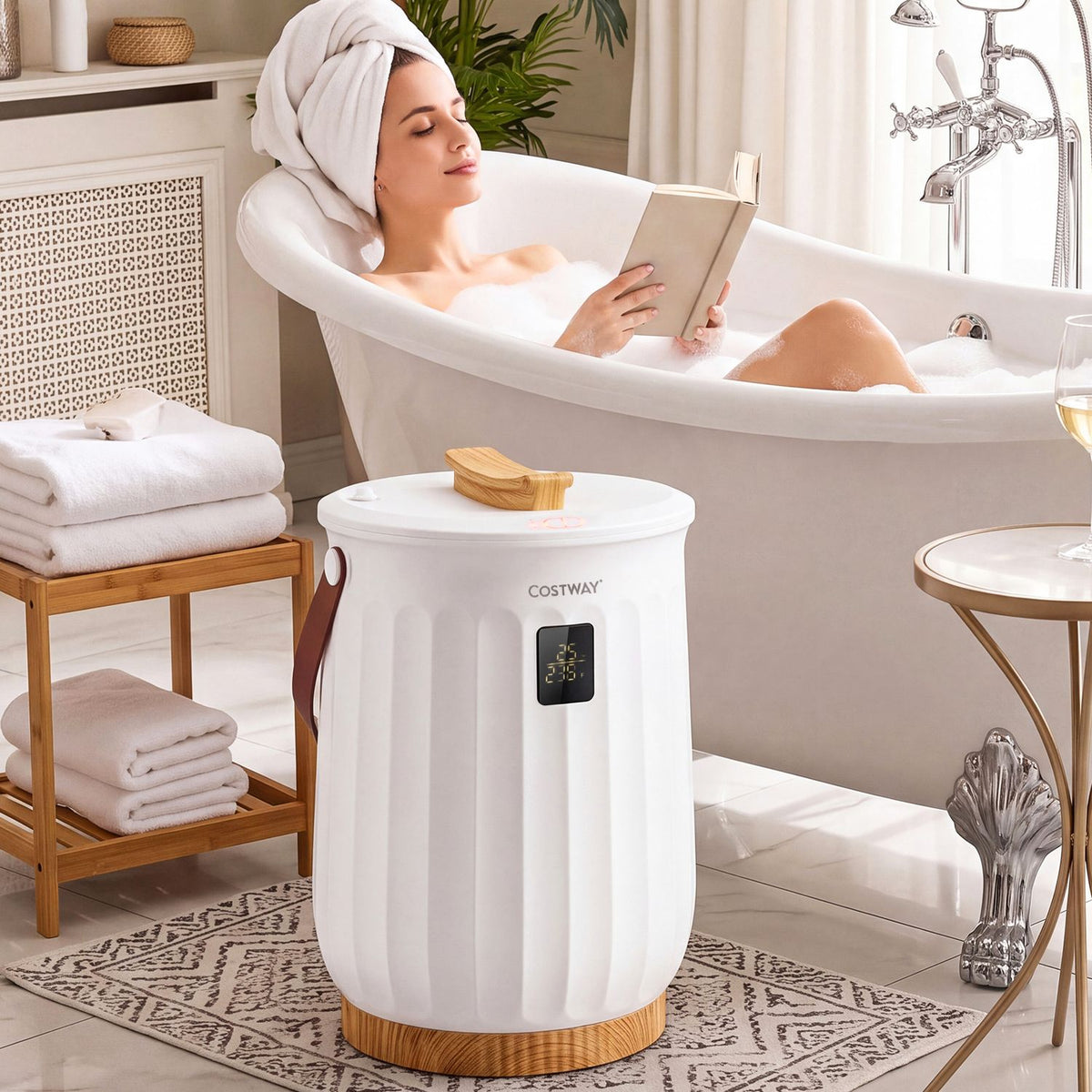 White towel warmer with a wood-look base beside a bathtub and a towel rack in a bright bathroom.