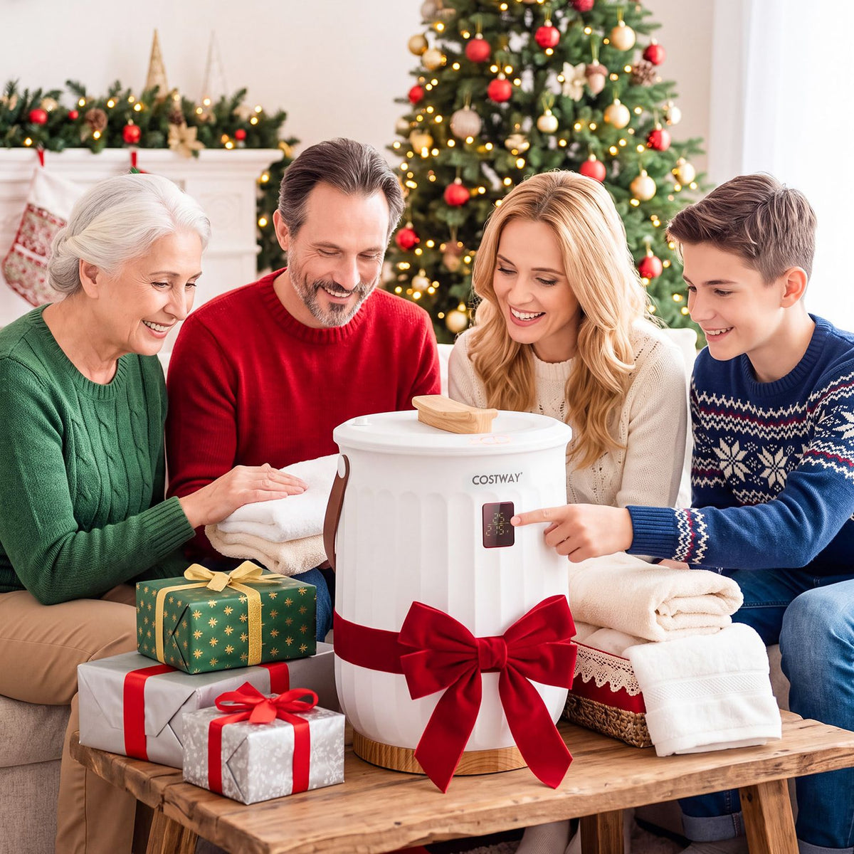 A white cylindrical towel warmer with a red bow sits on a table as a family gathers around it.