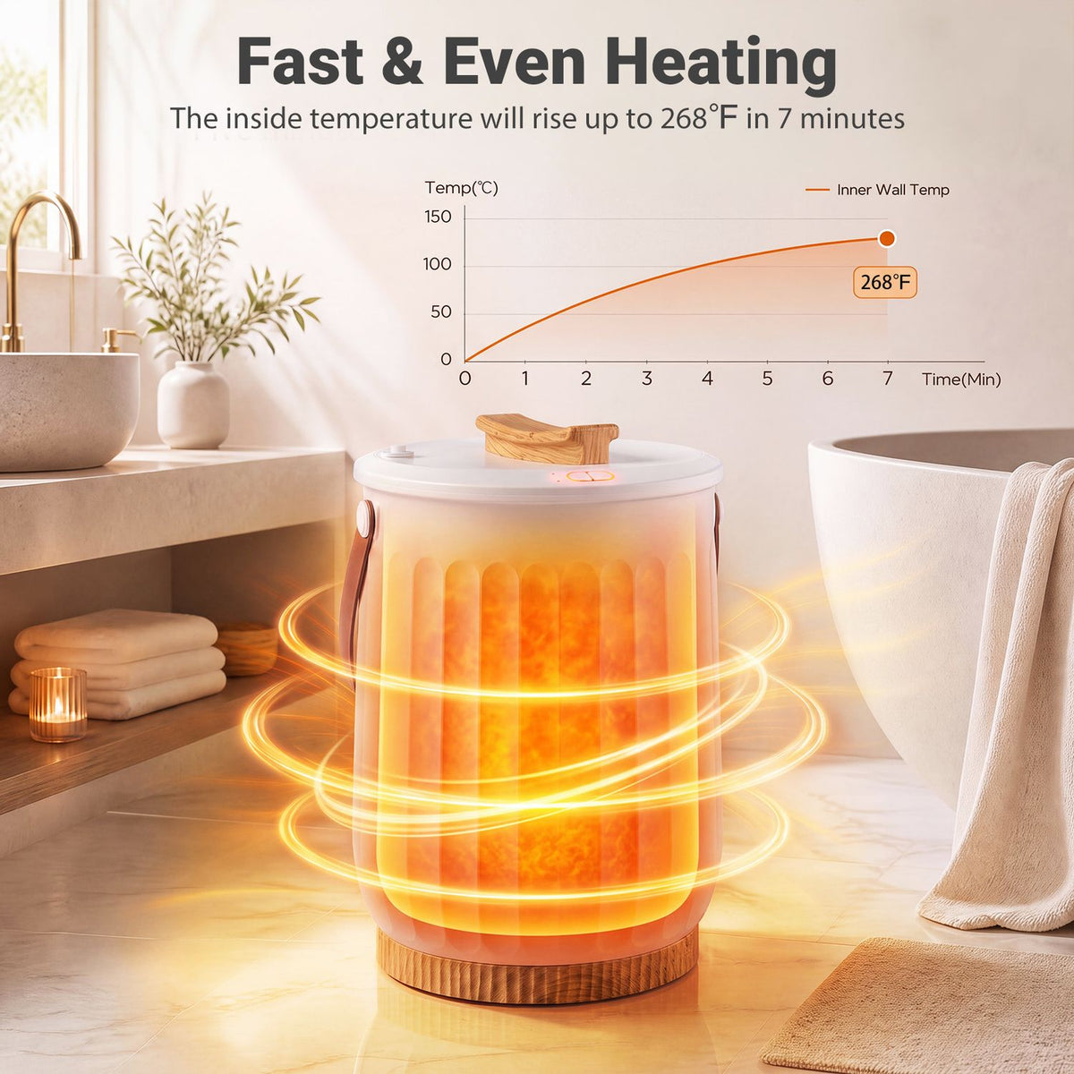 A white towel warmer glows with illustrated heat rings beside a temperature chart.