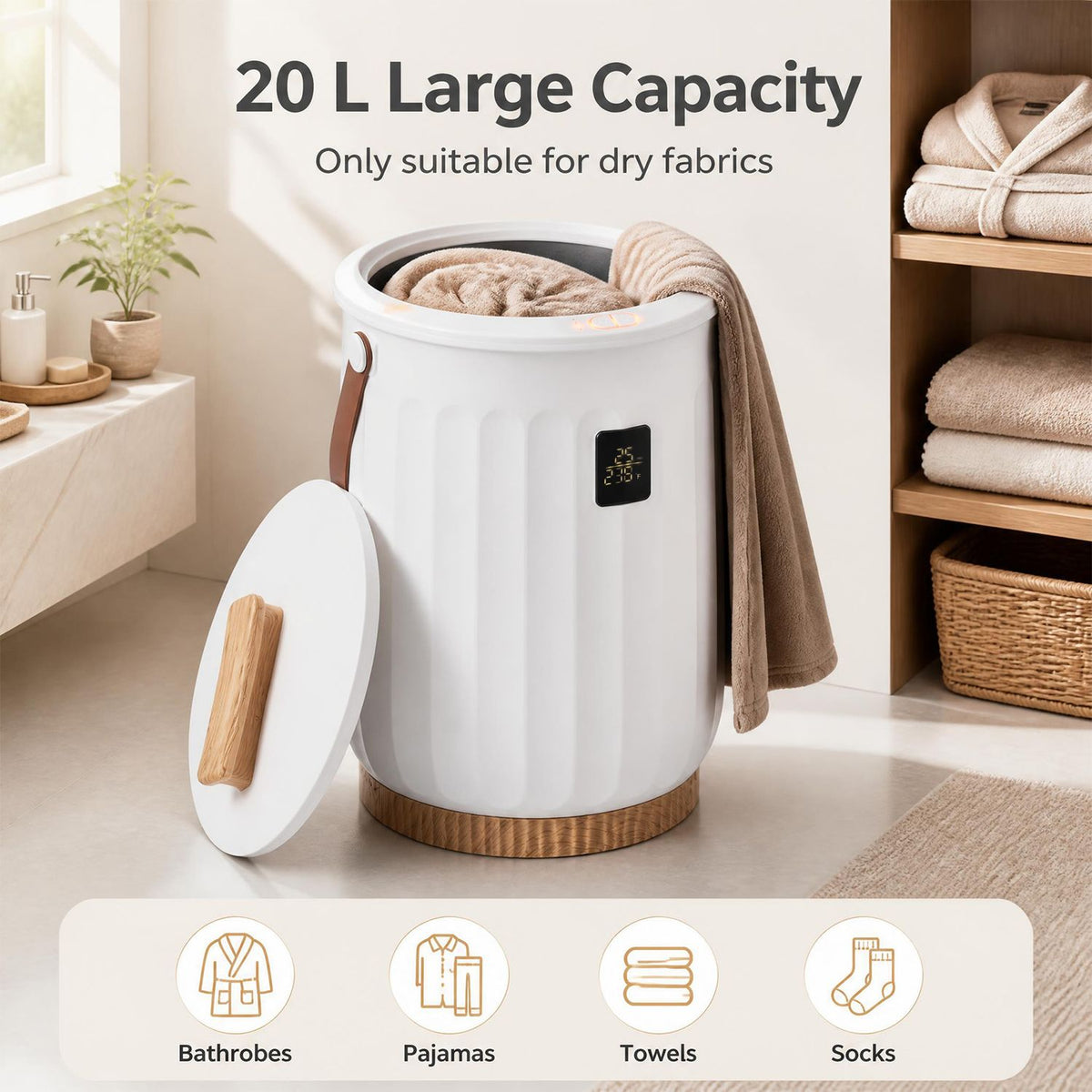 An open white towel warmer holds folded fabric, with its lid resting beside it.