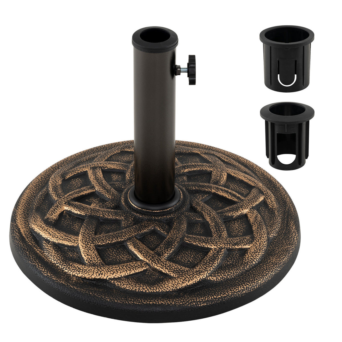Angled view of the round umbrella base, adjustable pole holder, and two adapter inserts against white.