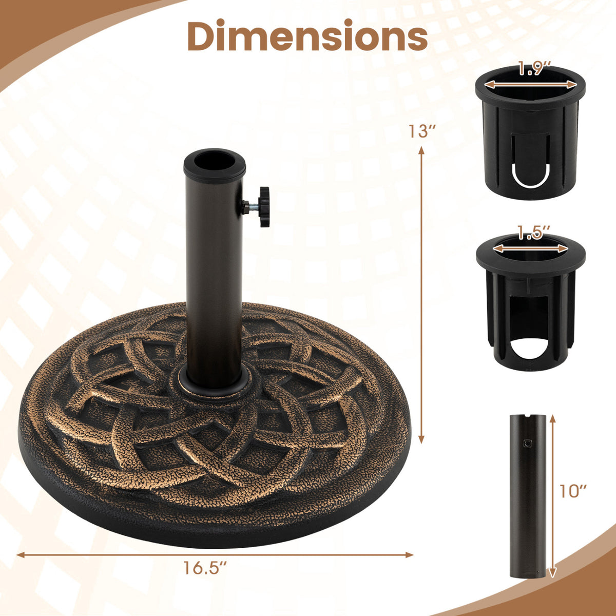 Round black umbrella base with a central pole and two adapters, shown with measurement arrows.