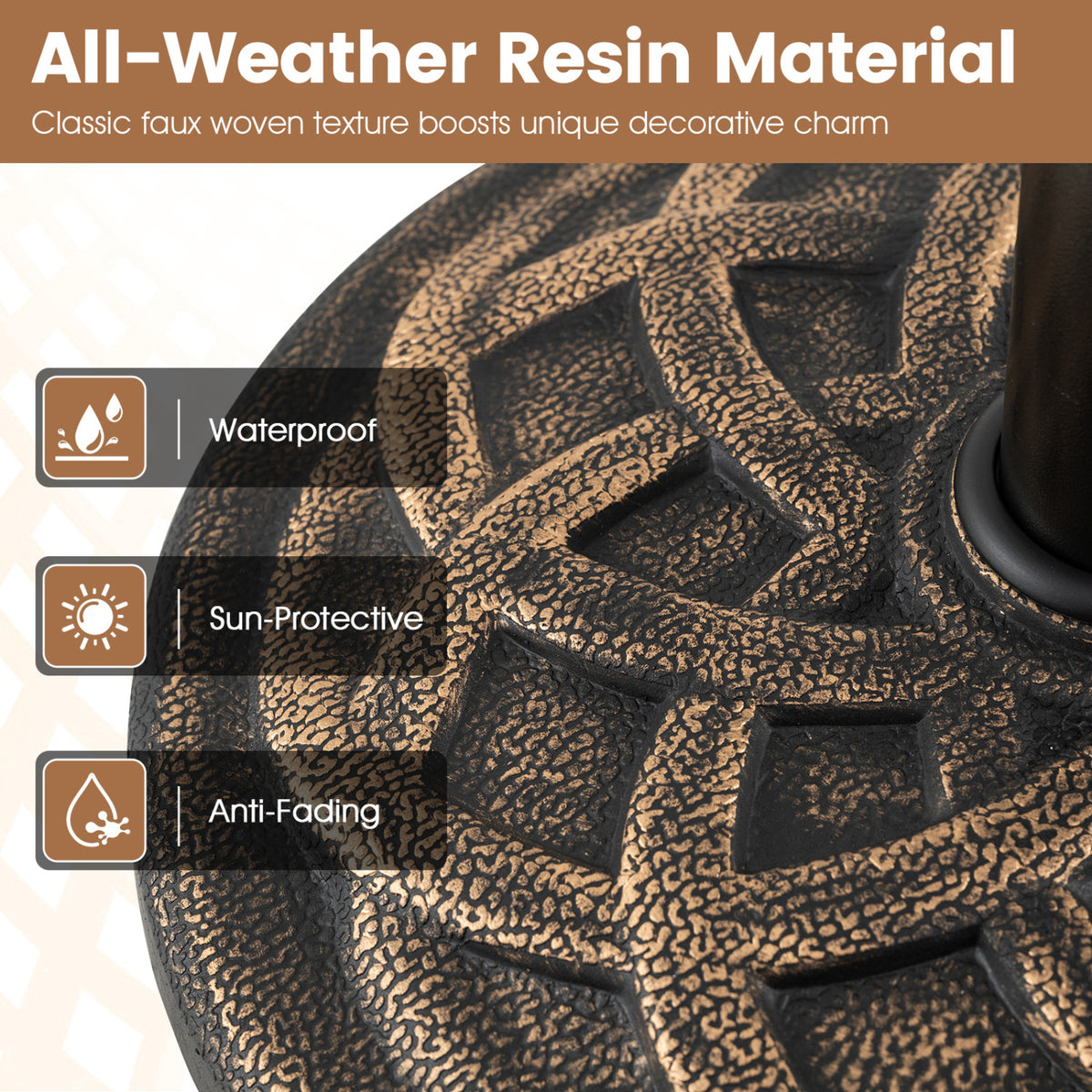 Close-up of the base’s textured black-and-bronze patterned surface and central pole opening.