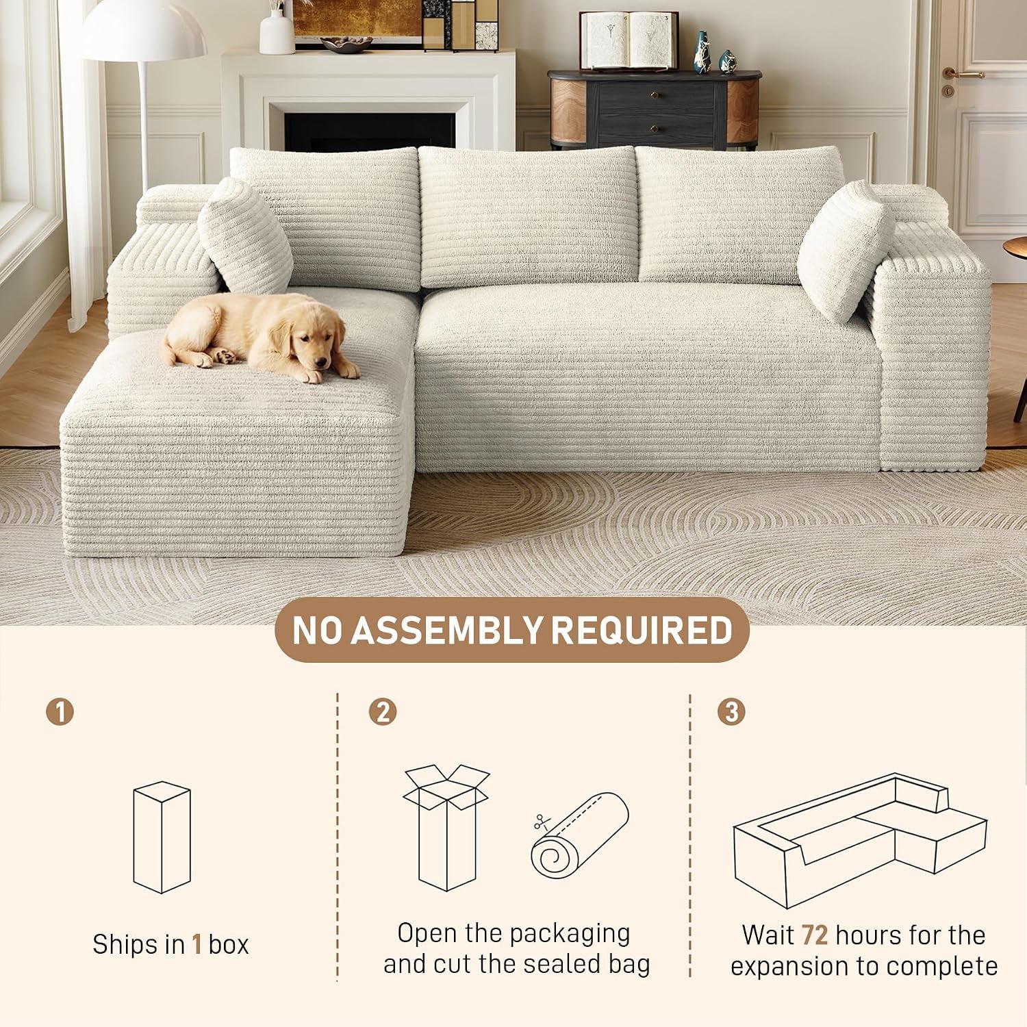Front view of the cream sectional with chaise and a puppy on the ottoman above simple boxed unpacking and setup icons