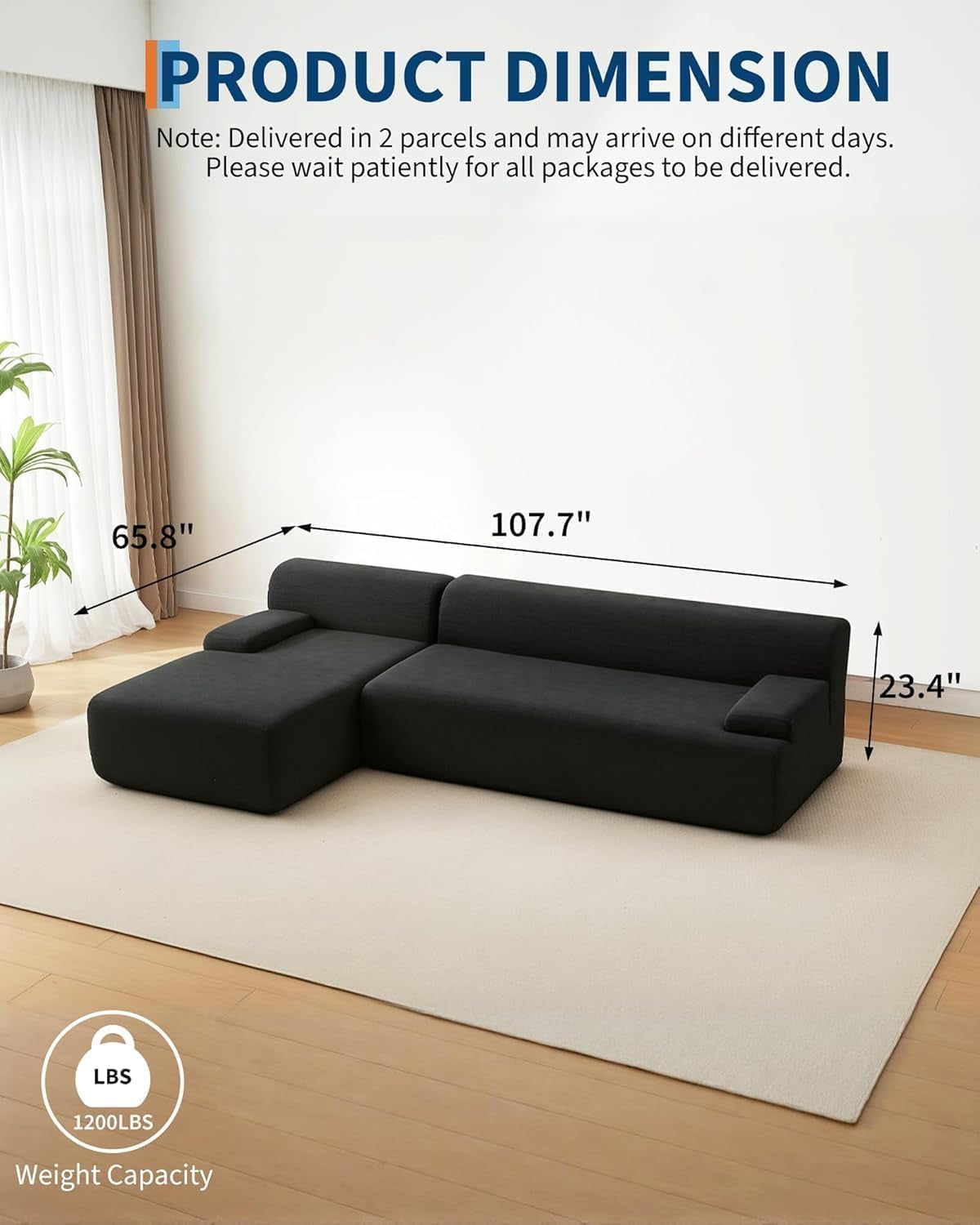 Oversized 108" Corduroy Cloud Sectional, Left-Facing Chaise Boneless Modular Sofa, Soft Deep Lounger for Living Room, No Assembly Needed