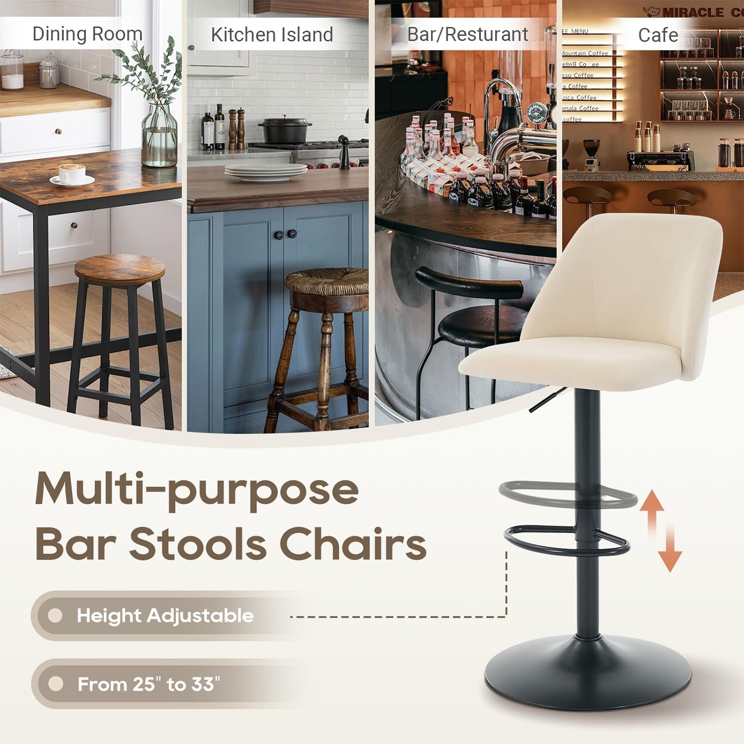 Promotional collage showing multiple room settings and a single beige bar stool illustration with height arrows