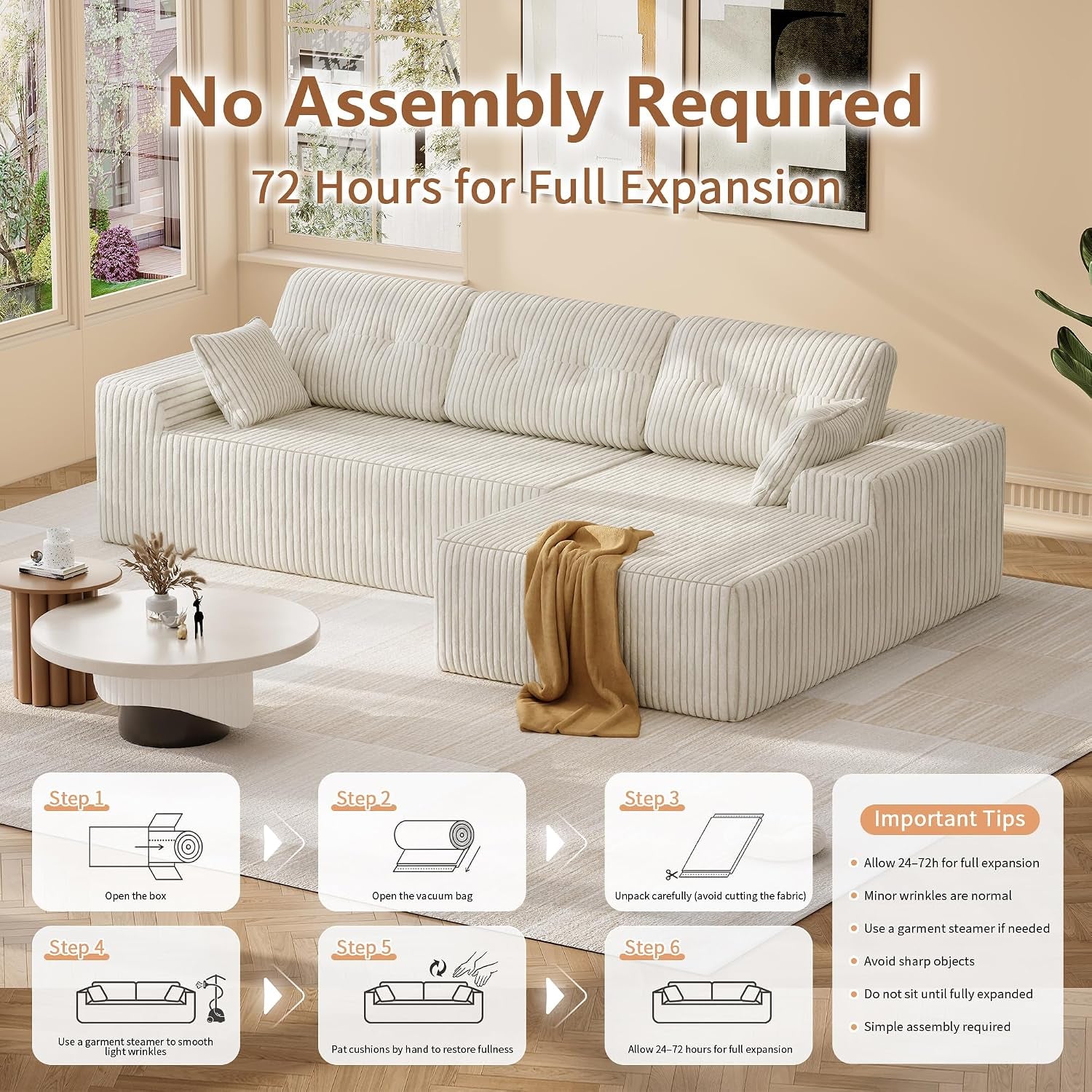 106" L-Shaped Modular Sectional Sofa, Boneless Cloud Couch | with Deep Seat, Corduroy Fabric, 18" Seat Height, 32D Foam & Pocket Spring Support, Right Facing Chaise for Living Room