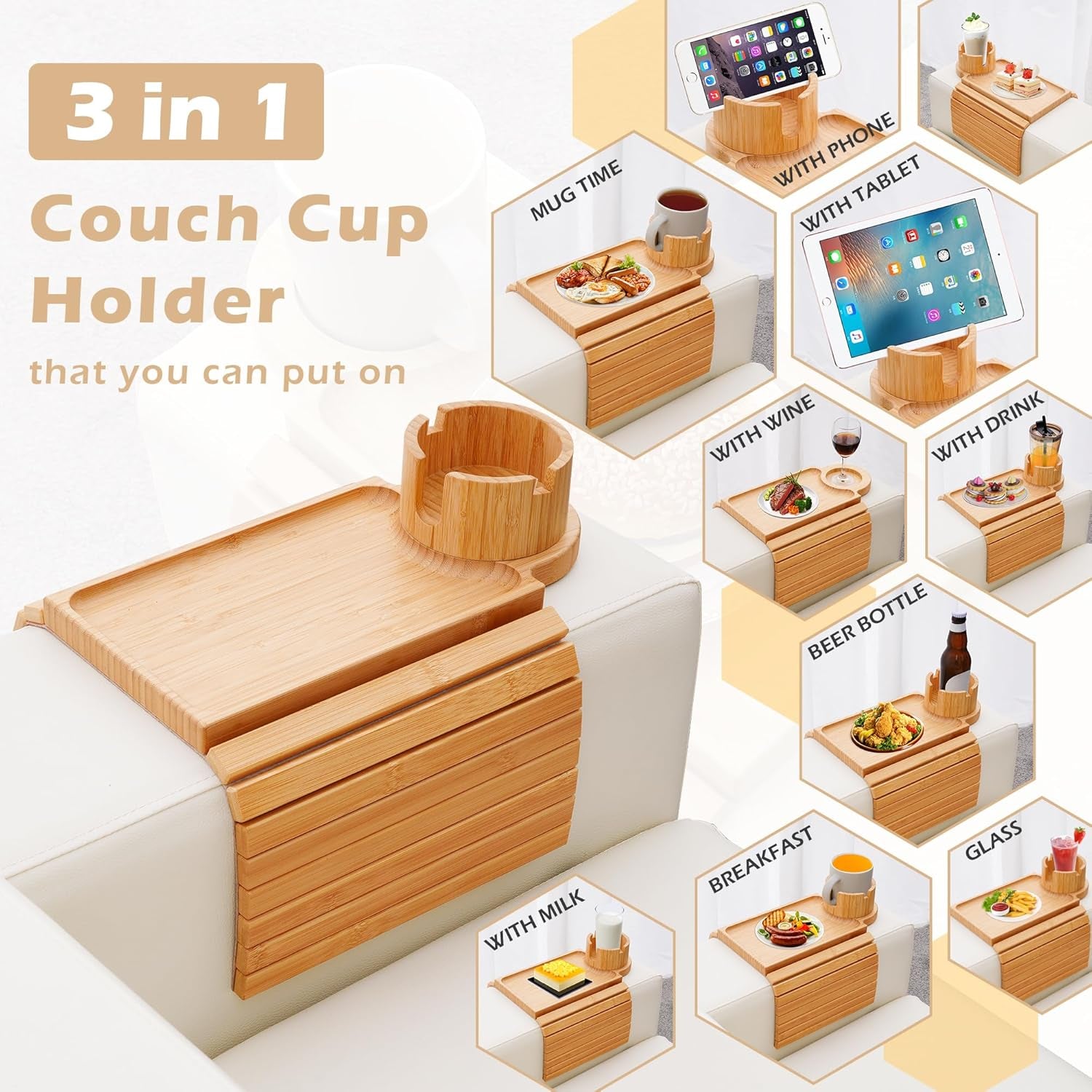 Collage showing the tray used as a cup holder, phone stand, tablet stand and flat snack tray on a sofa arm
