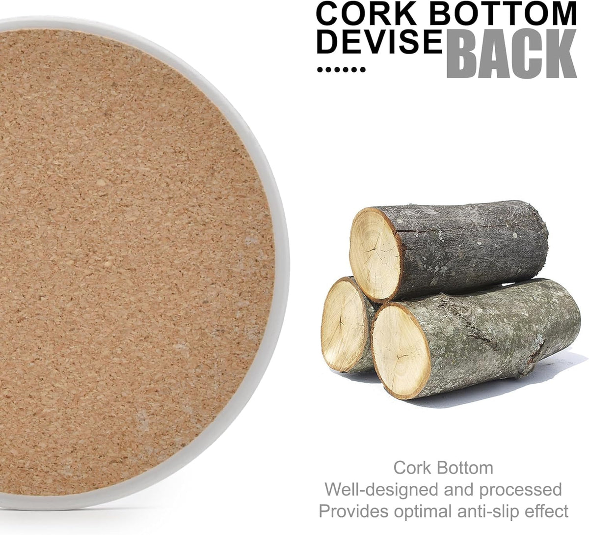 Close-up of cork bottom on a round ceramic coaster showing textured cork pad next to cut wood logs