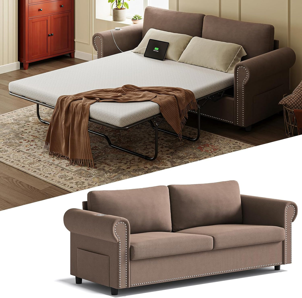 Warm brown roll-arm sofa bed extended in a living room above a studio view of the brown sofa