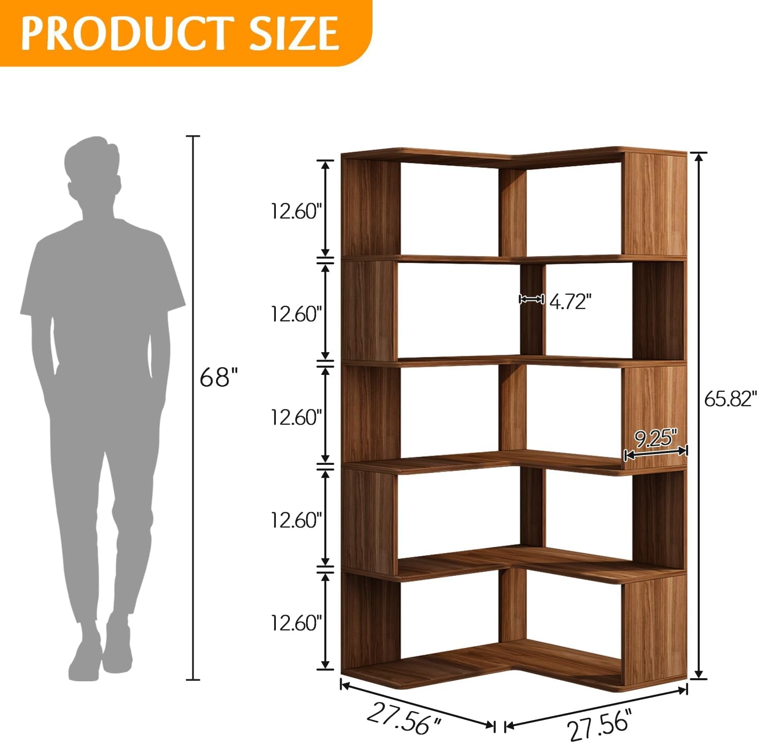 Corner bookshelf diagram with dimensions and a person silhouette, walnut finish illustration
