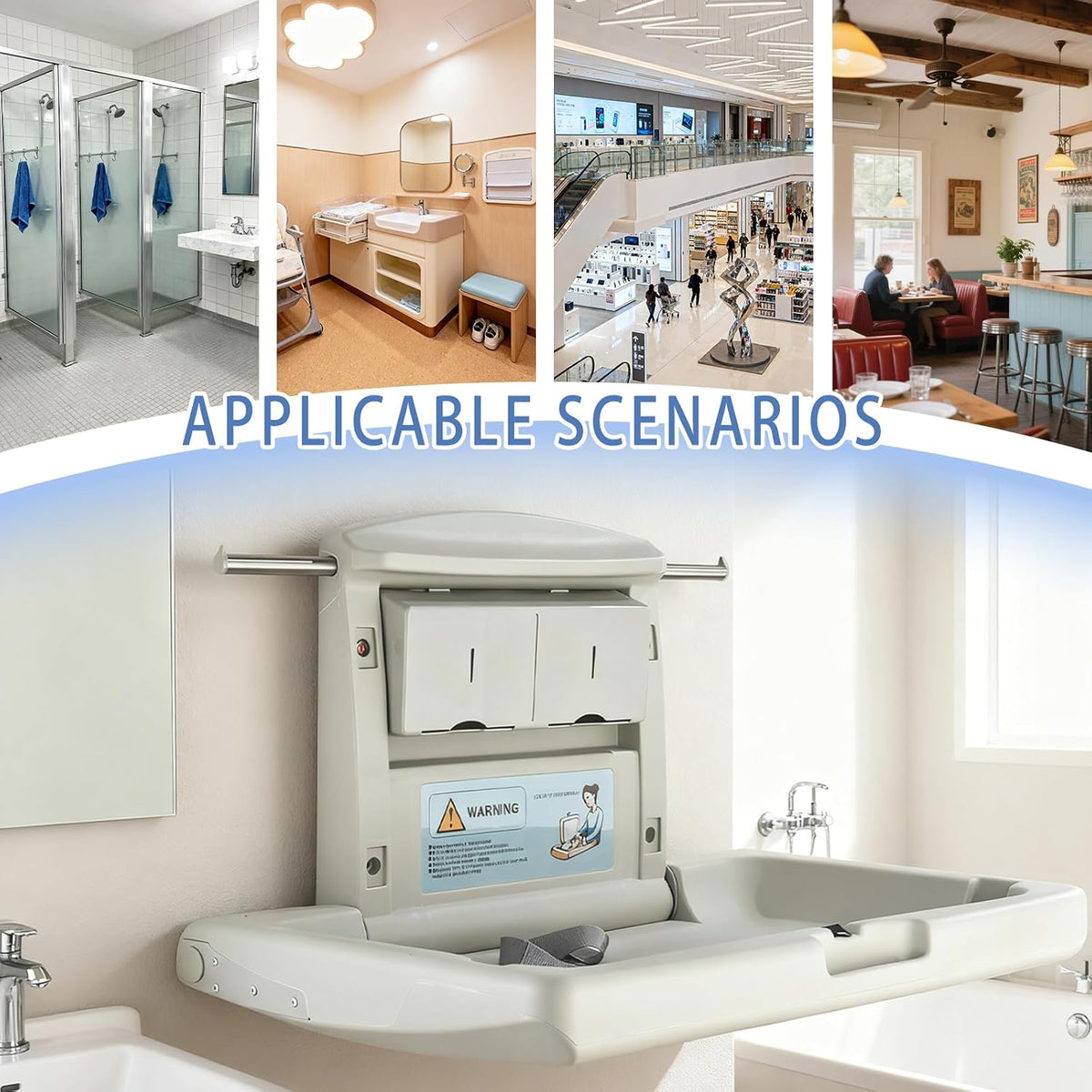 Changing station mounted on a restroom wall with inset photos of public and residential locations labeled as applicable