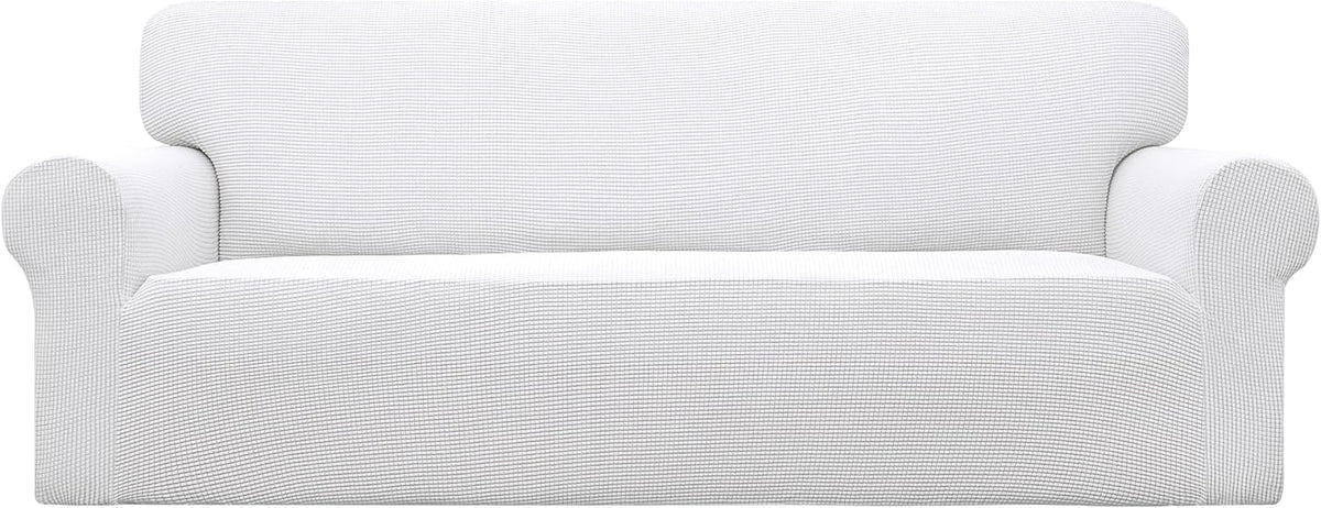 Straight-on studio shot of a white loveseat cover stretched smooth over rounded arms and full skirt.