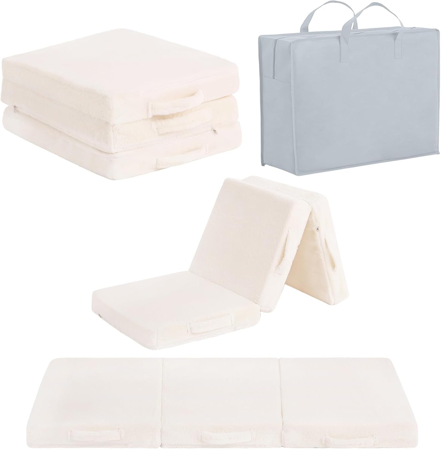 Cream/off-white tri-fold mattress shown stacked, folded into tent shape, and laid flat with storage bag