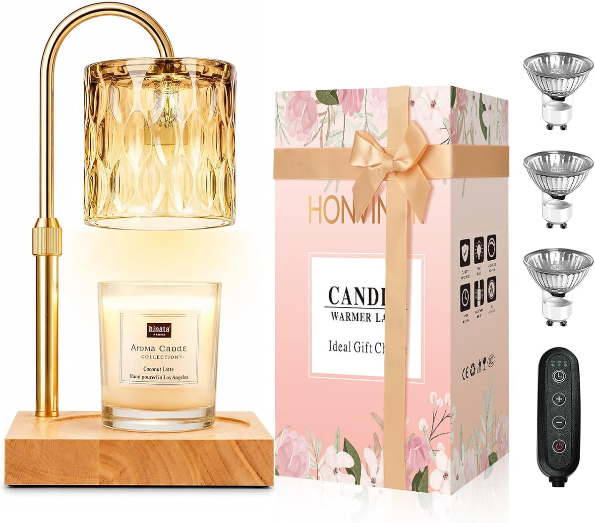 Front-facing lamp with honey-amber textured cylindrical shade over square wood base, floral gift box, three bulbs and remote