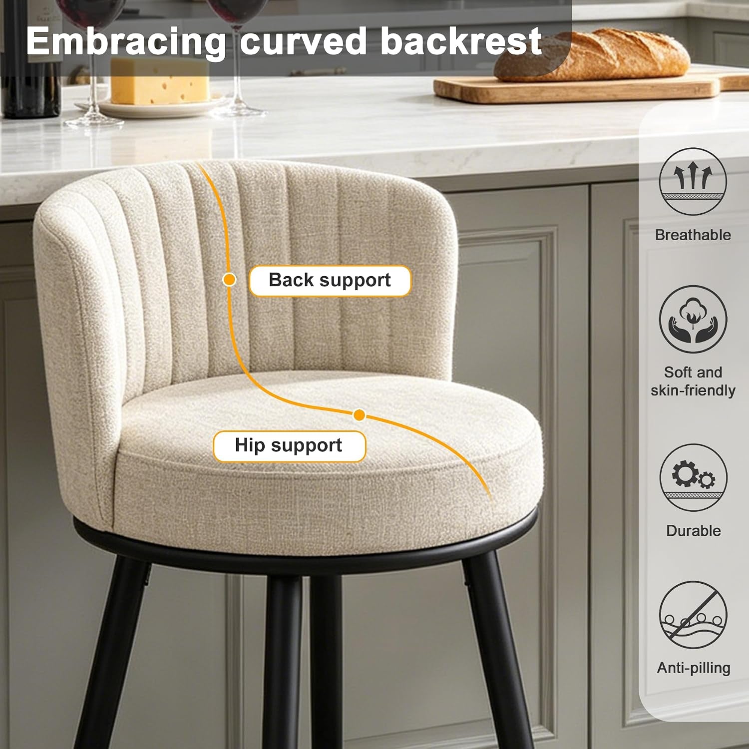 Close-up of the stool’s curved, vertically channel-stitched back and round cushioned seat above black metal legs.