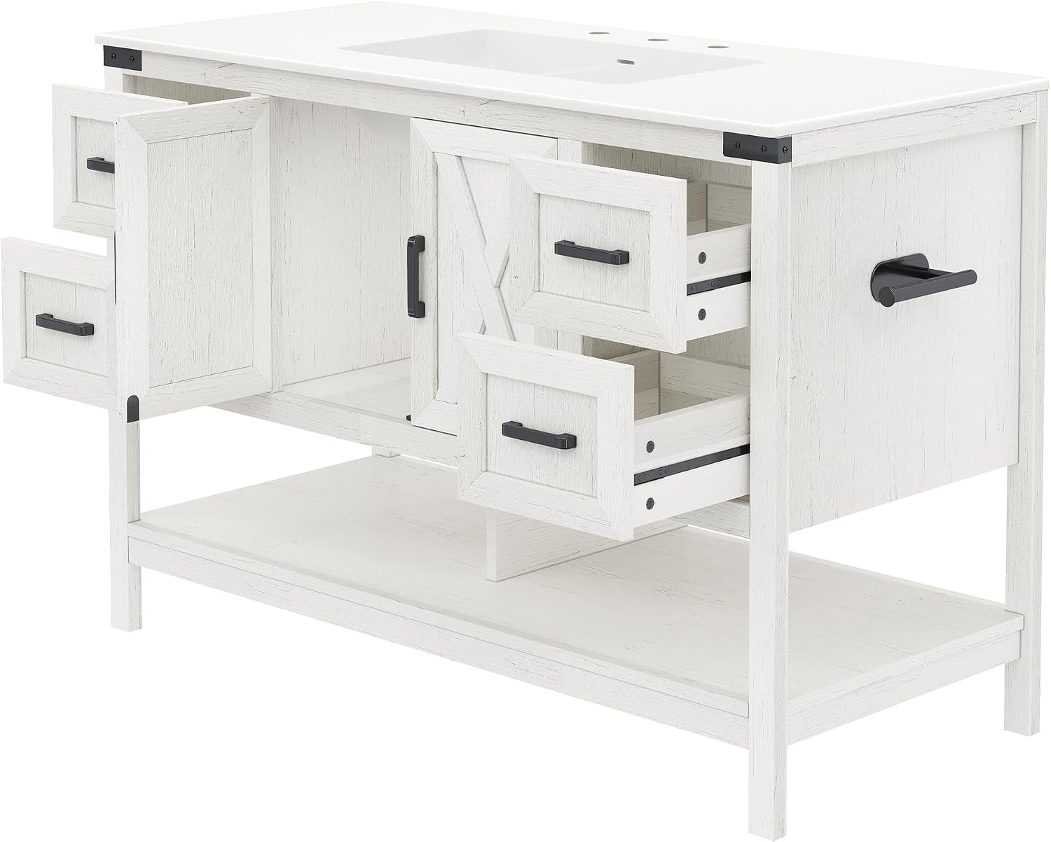 Side view of a white farmhouse vanity with two open drawers, one door ajar and a lower open shelf.
