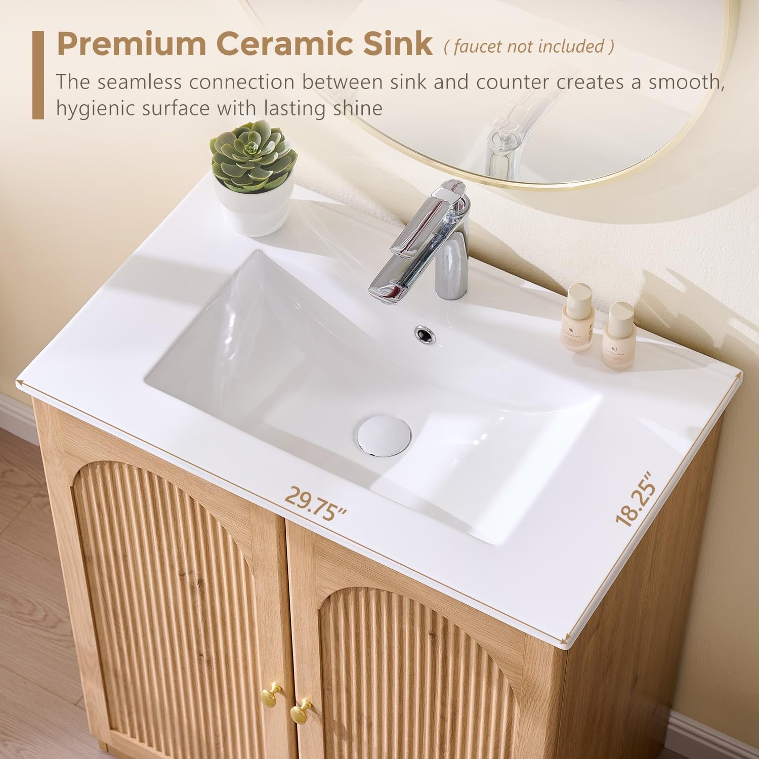 White one-piece ceramic sink top with pre-drilled faucet hole and integrated basin, angled top view
