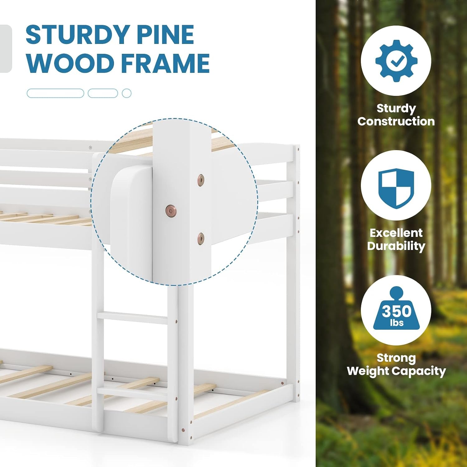 Close-up of the bunk bed corner joint and ladder rung, with circular zoom on screw hardware.