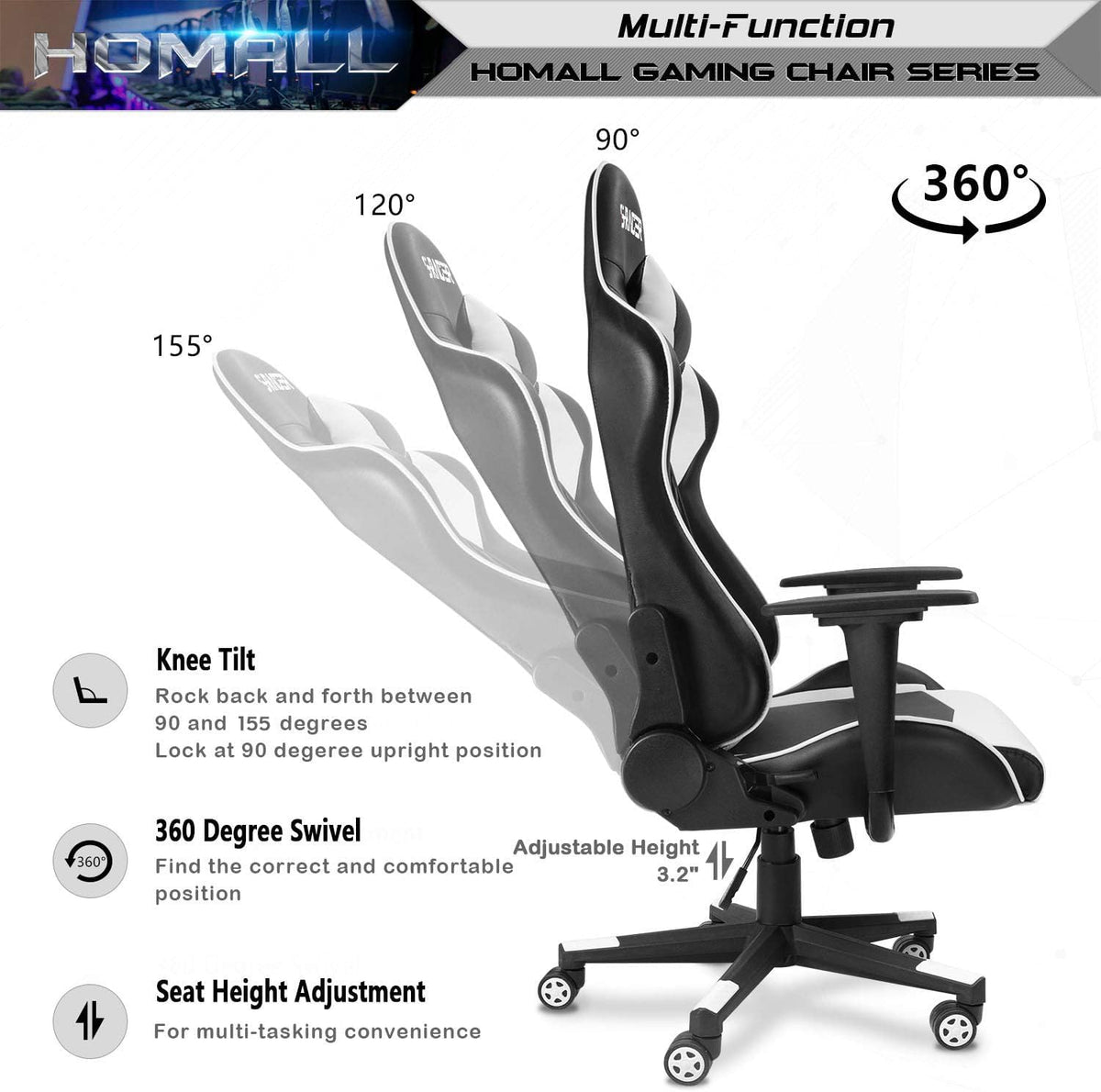 Side profile of the chair demonstrating reclining positions at multiple angles with a 360° swivel icon and adjustable height