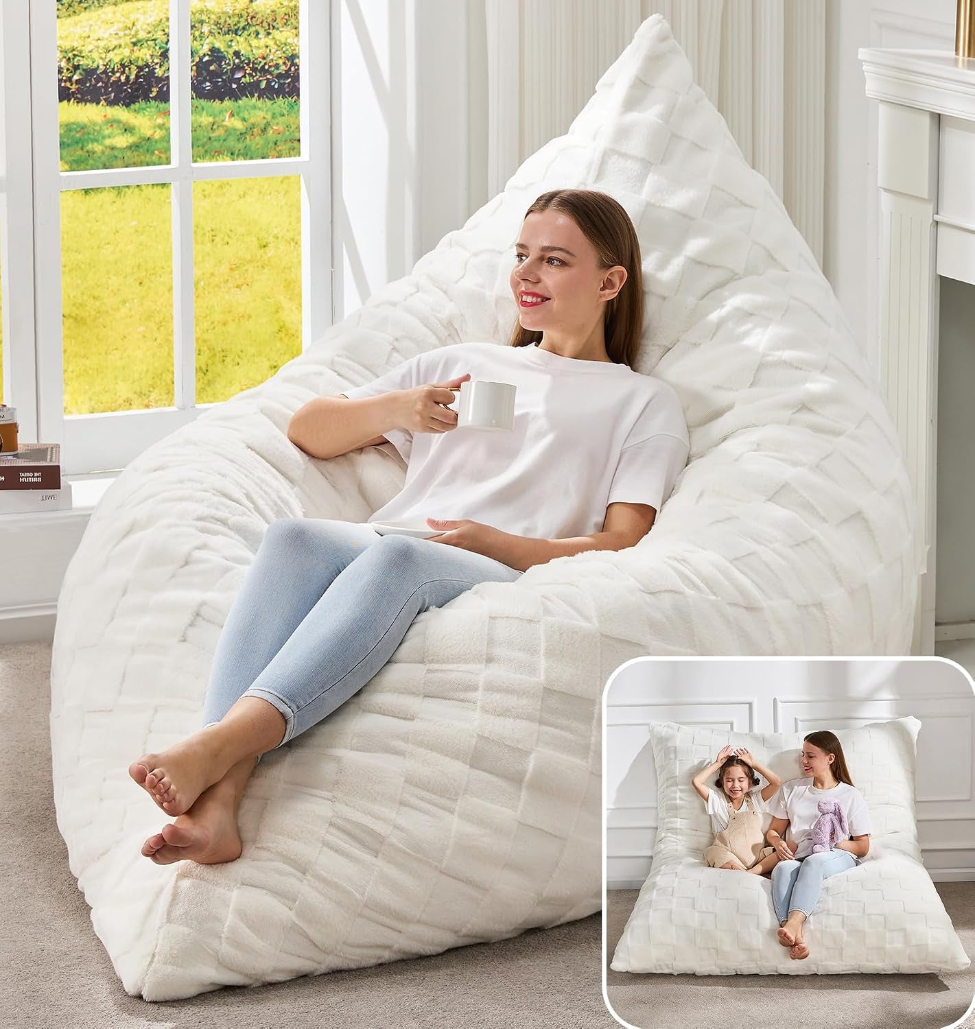 Woman reclining on a large white textured beanbag lounger by a window; inset shows it flattened as a wide floor sofa with