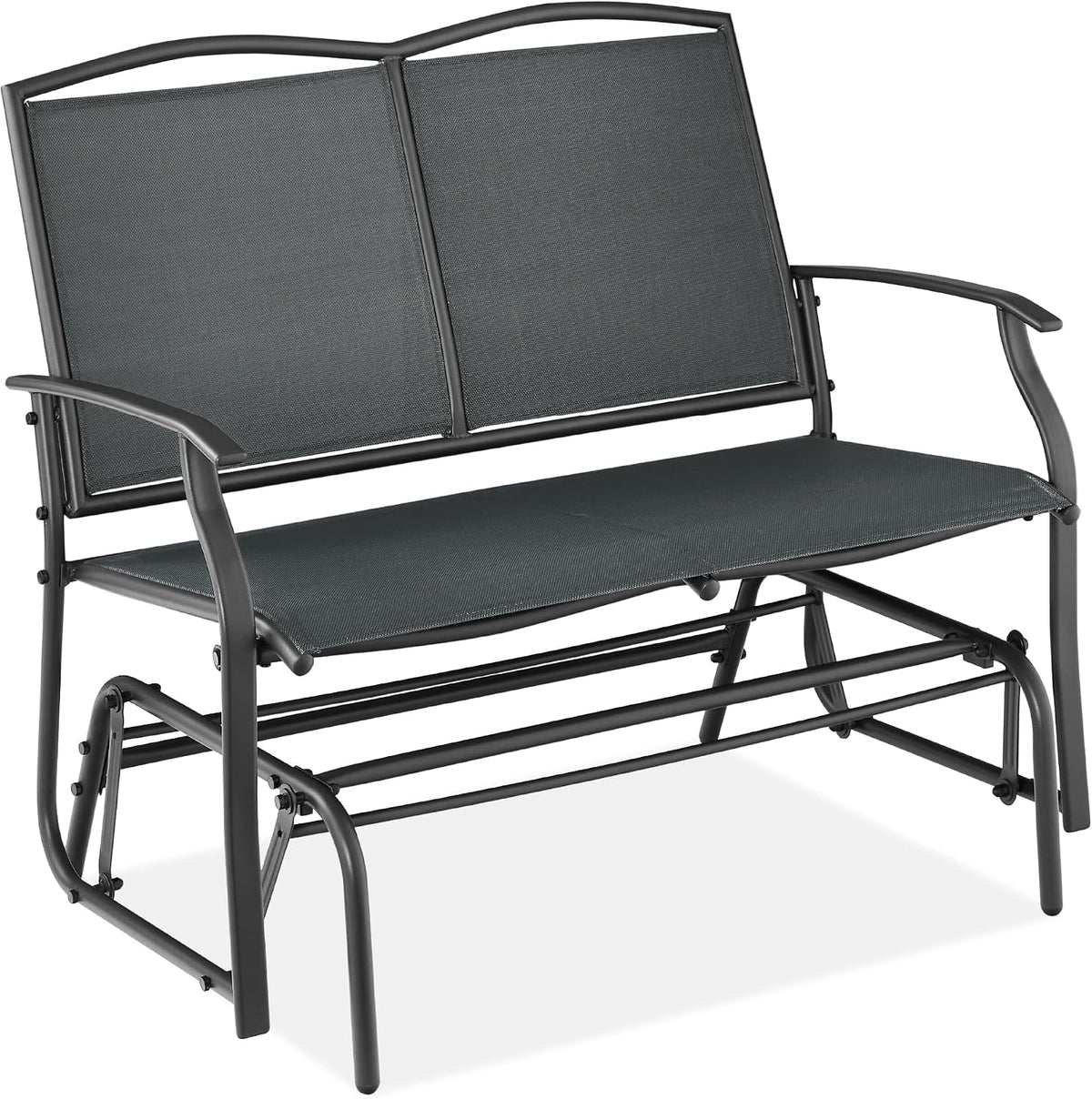 Charcoal-gray loveseat angled to show the curved armrest and the metal gliding base and support bars.