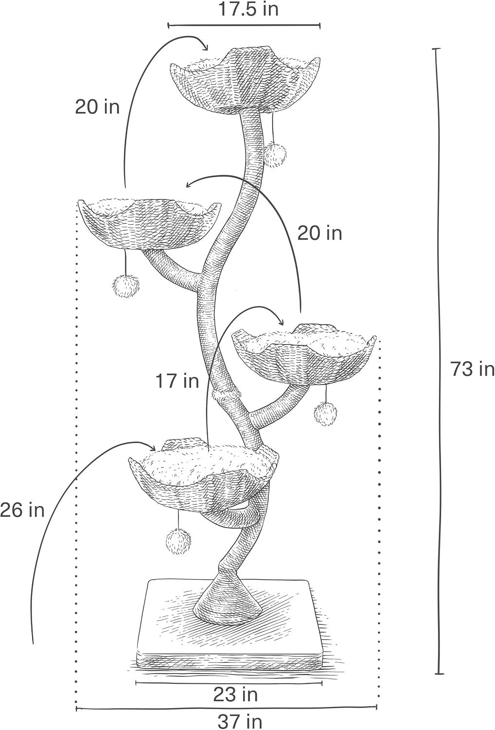 Black-and-white line drawing of the tree showing perch placement and overall height with measurement arrows.