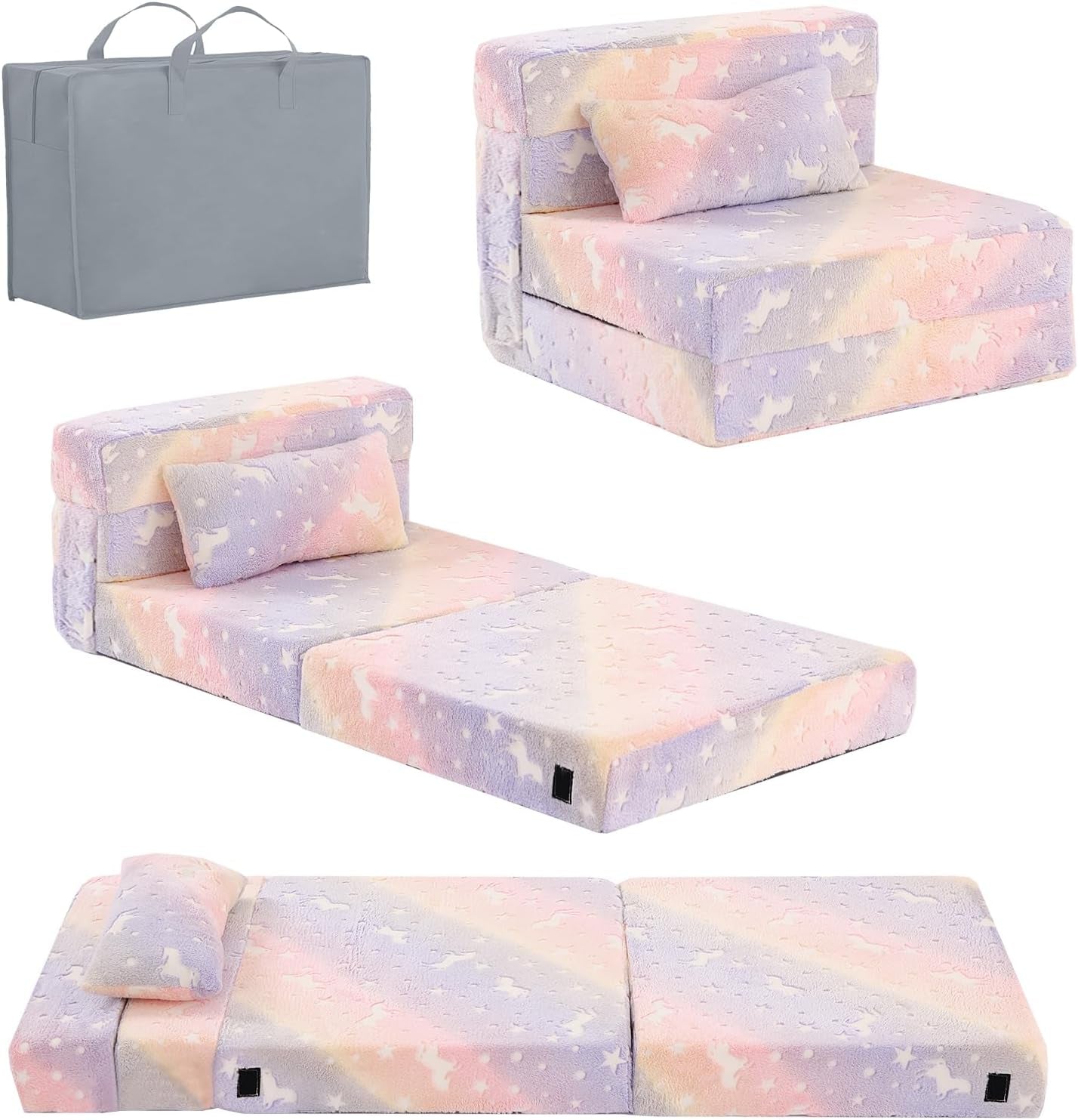 Collage showing pastel rainbow unicorn–printed folding mattress in sofa and flat positions alongside a gray carry bag.