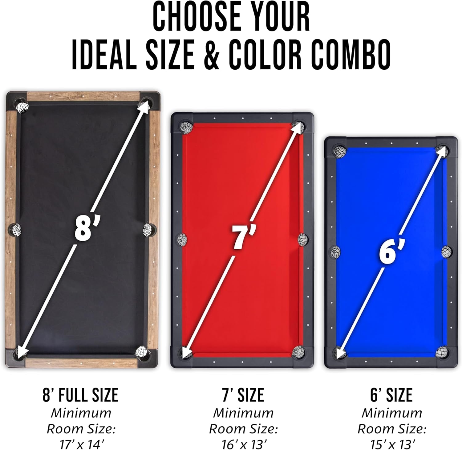 Three top-down table layouts illustrating 8', 7' and 6' size options with black, red and blue felts