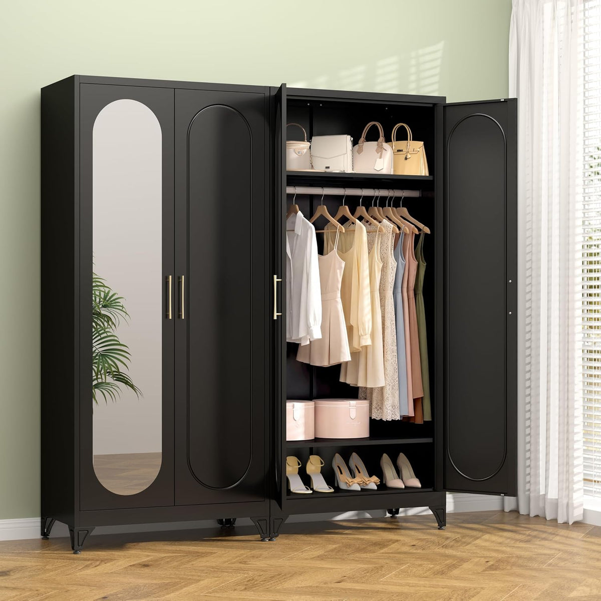 Black wardrobe with right doors open revealing hanging dresses, top shelf with bags and lower shoe shelves.